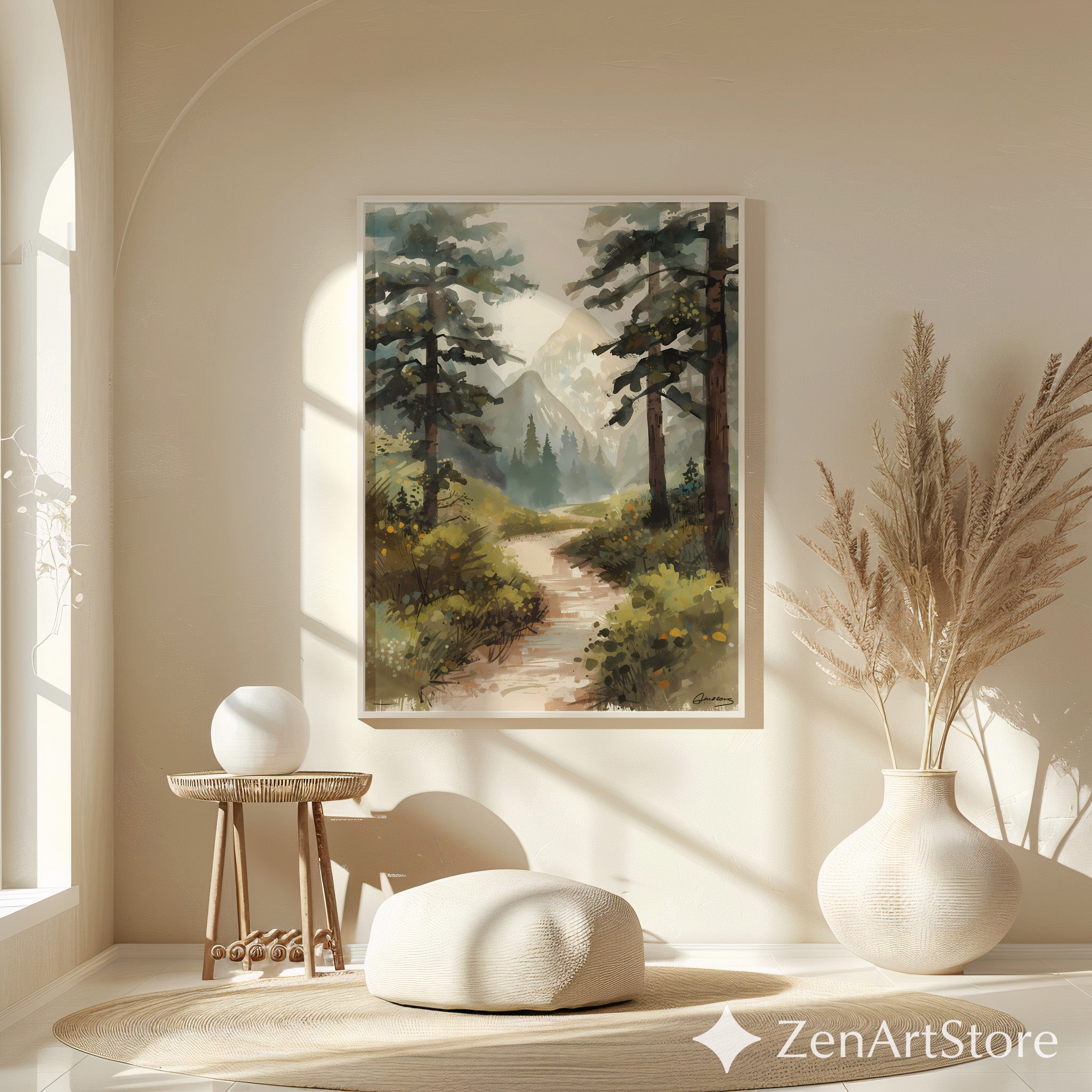 Misty Mountain Path Landscape Art Print - Calm Neutral Forest Painting for Living Room, Bedroom or Cabin Decor