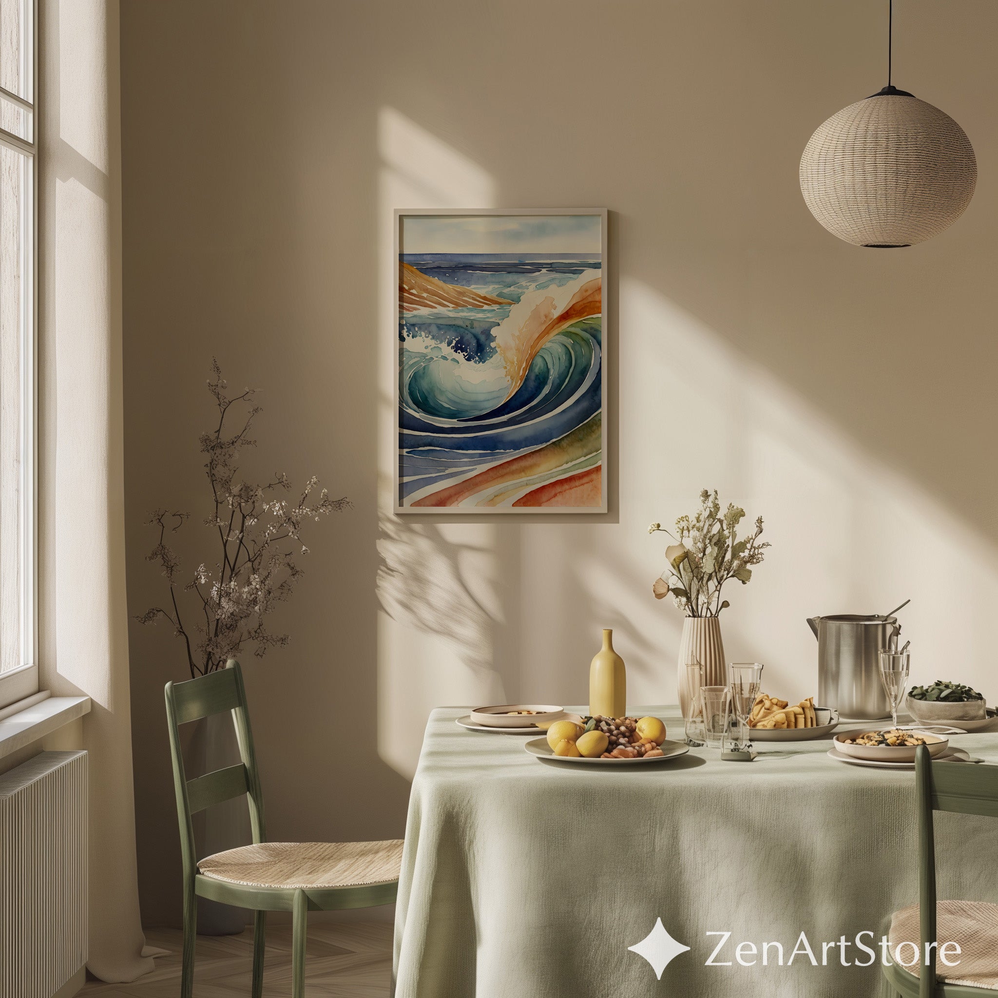 Abstract Watercolor Wave Art - Modern Coastal Ocean Print, Japandi Wabi Sabi Wall Decor in Blue, Teal & Earth Tones