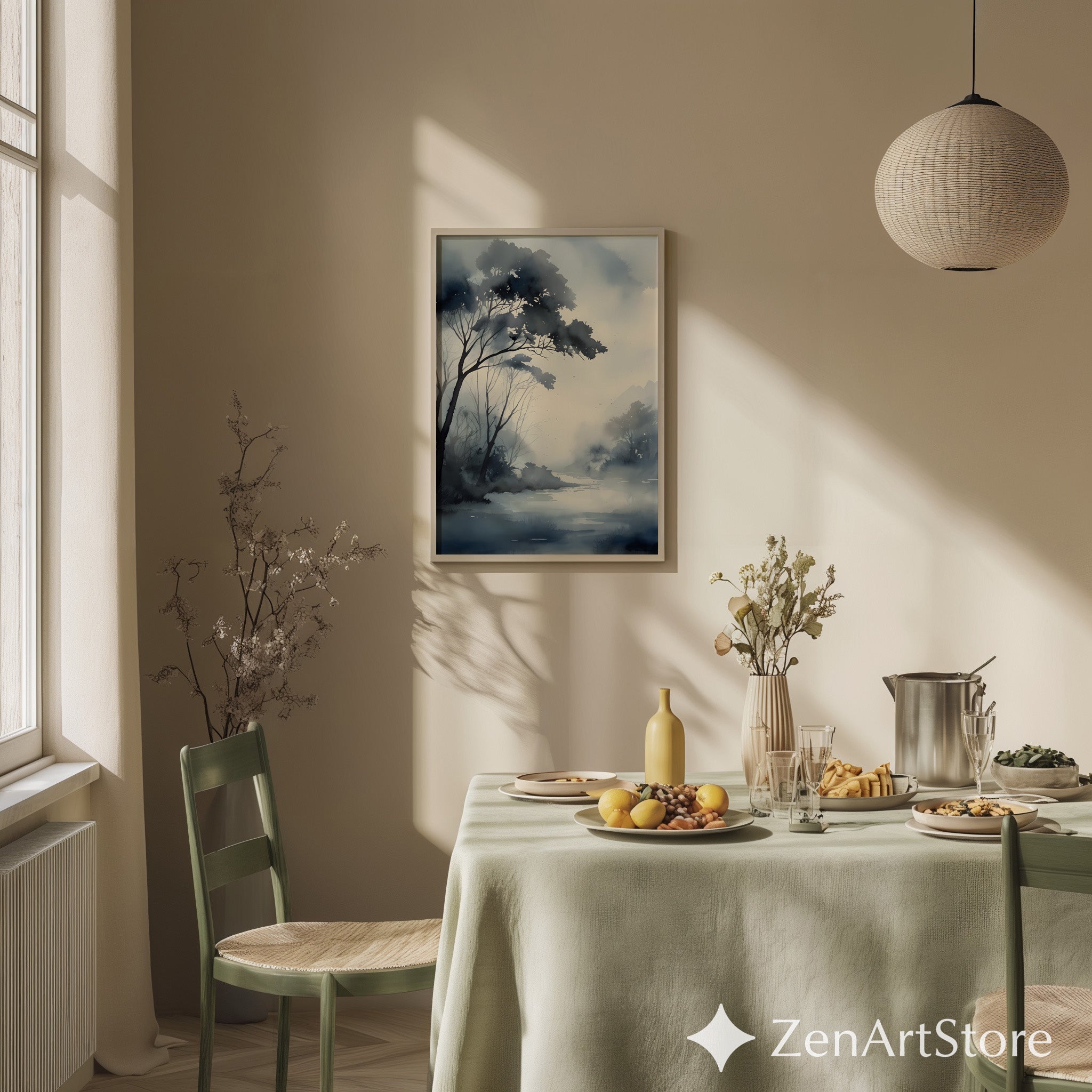 Misty Blue-Gray Watercolor Landscape Print - Zen Minimalist Japandi Wall Art for Living Room, Bedroom, Office