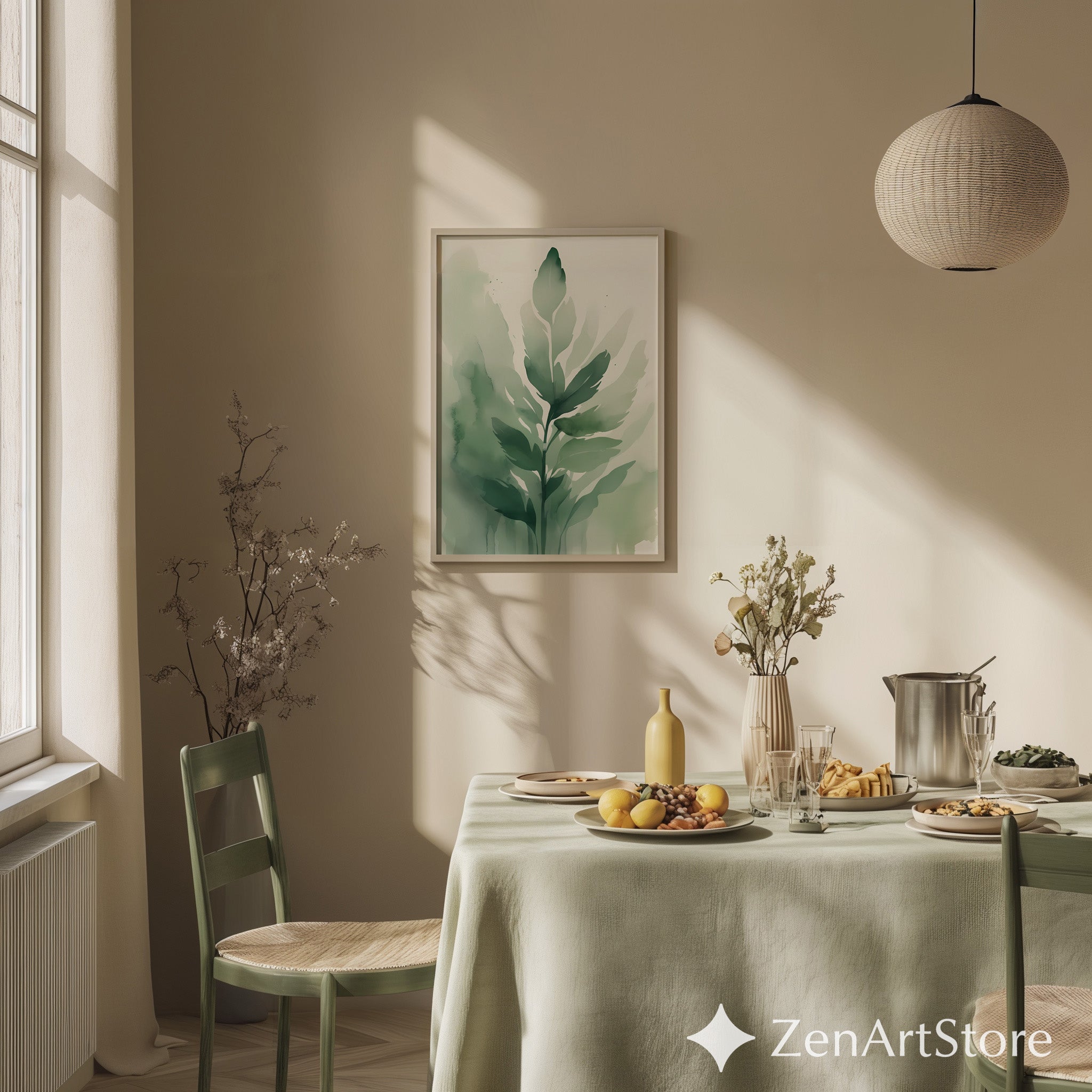 Sage Green Botanical Wall Art - Minimal Watercolor Leaf Print, Japandi Scandinavian Neutral Home Decor