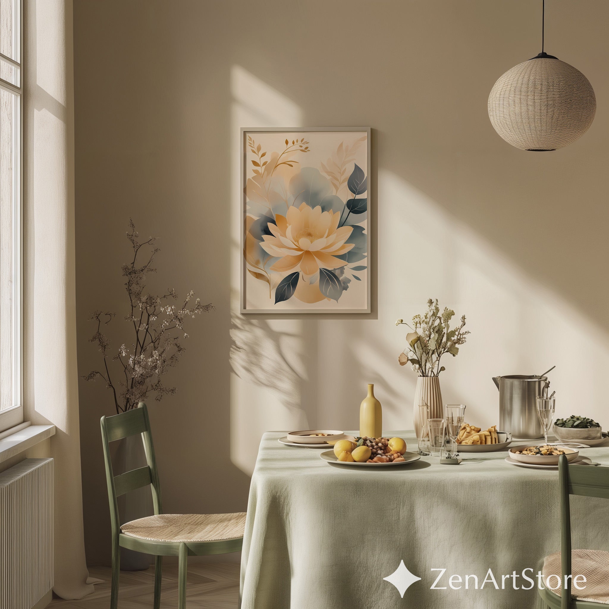 Beige Gold Floral Wall Art Print - Minimal Neutral Botanical Decor for Japandi, Scandinavian Living Room & Bedroom