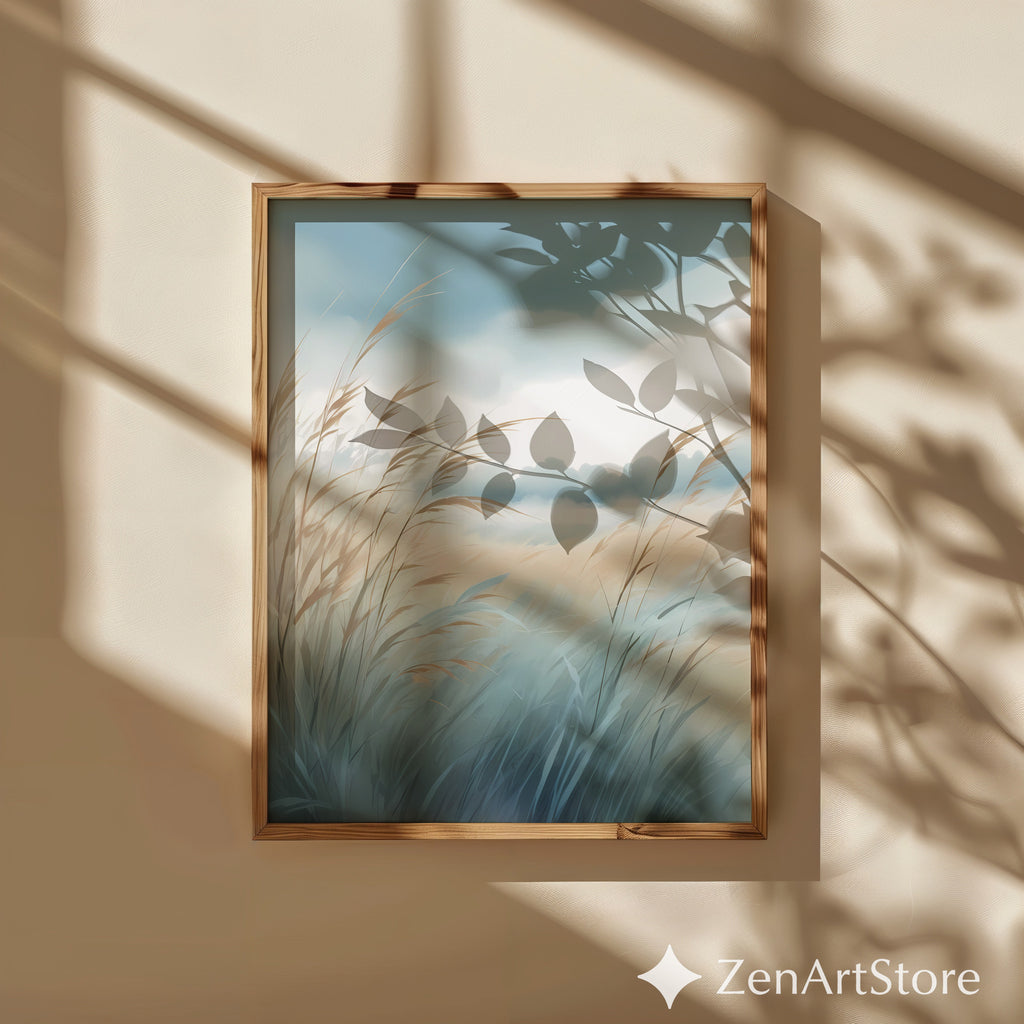 Serene Coastal Grass Landscape Print – Minimal Pastel Botanical Wall Art, Neutral Zen Decor for Living Room, Bedroom, Japandi & Boho Interiors
