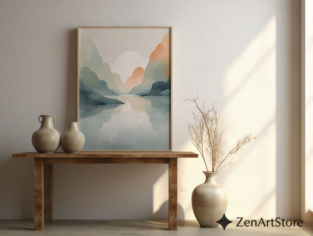 Serene Pastel Mountain Landscape Print – Minimal Japandi Wall Art, Calm Neutral Abstract Sunset