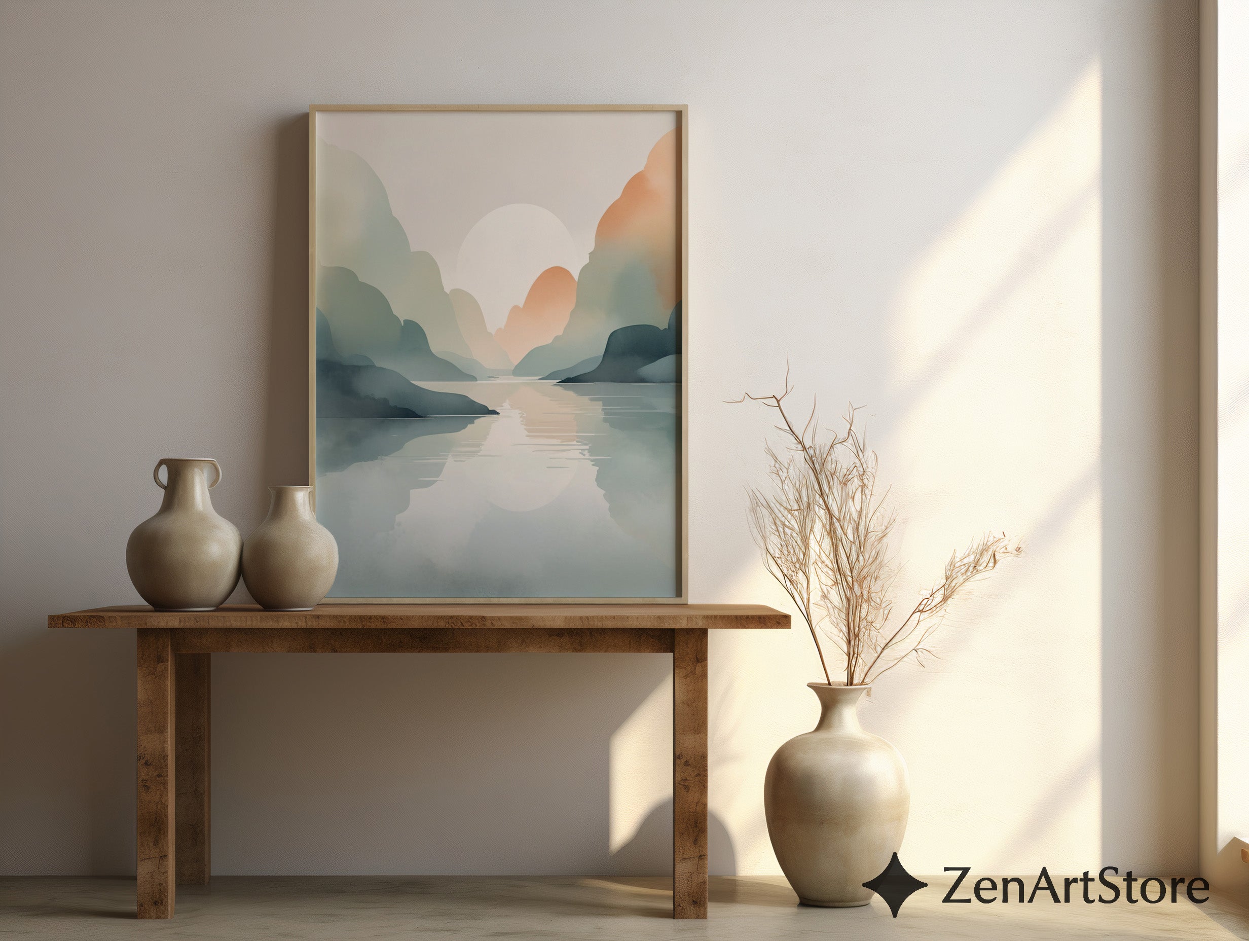 Serene Pastel Mountain Landscape Print – Minimal Japandi Wall Art, Calm Neutral Abstract Sunset