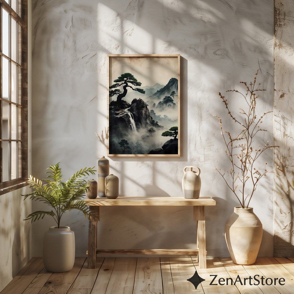 Zen Misty Mountain Landscape Print - Japanese Waterfall Bonsai Wall Art, Wabi Sabi Home Decor