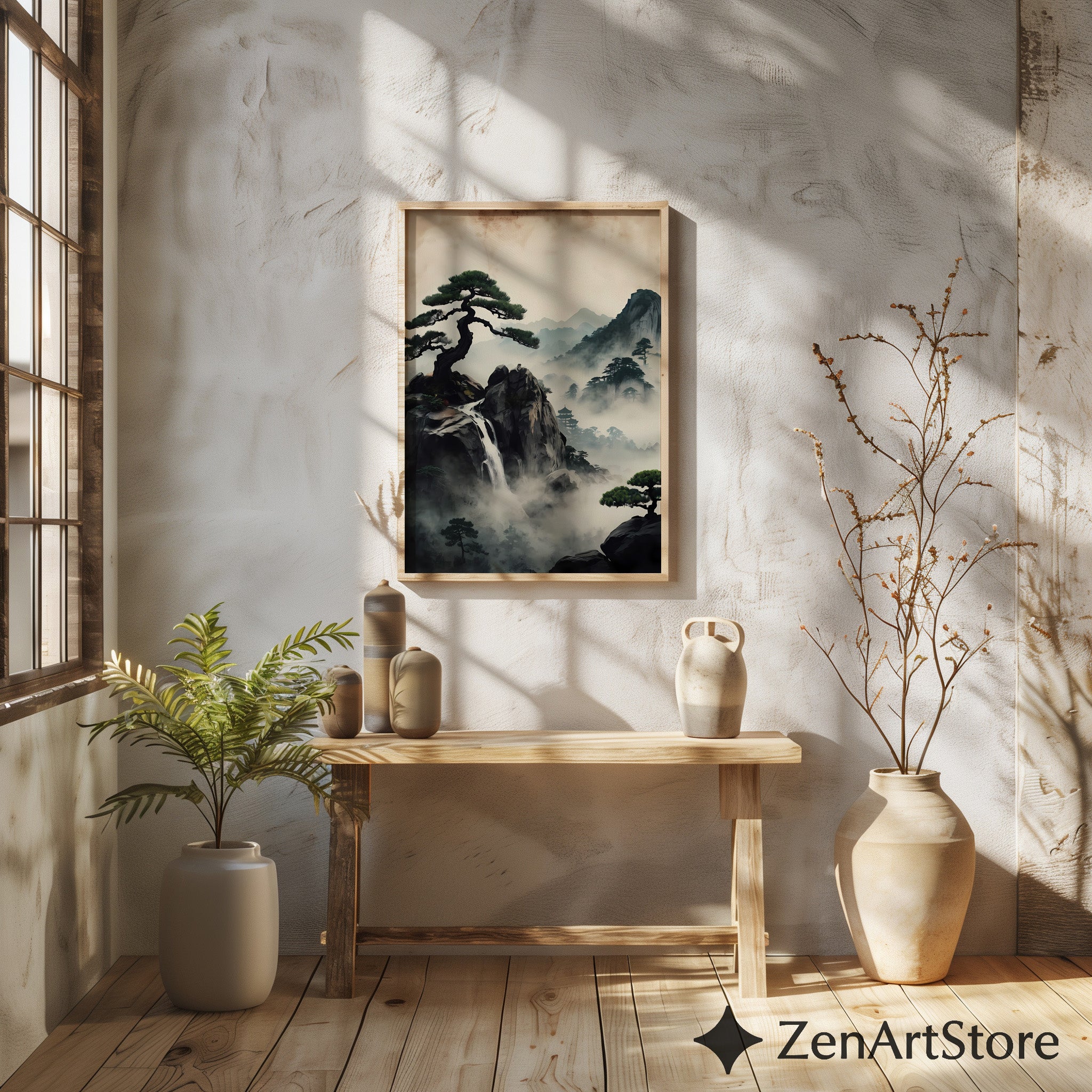 Zen Misty Mountain Landscape Print - Japanese Waterfall Bonsai Wall Art, Wabi Sabi Home Decor