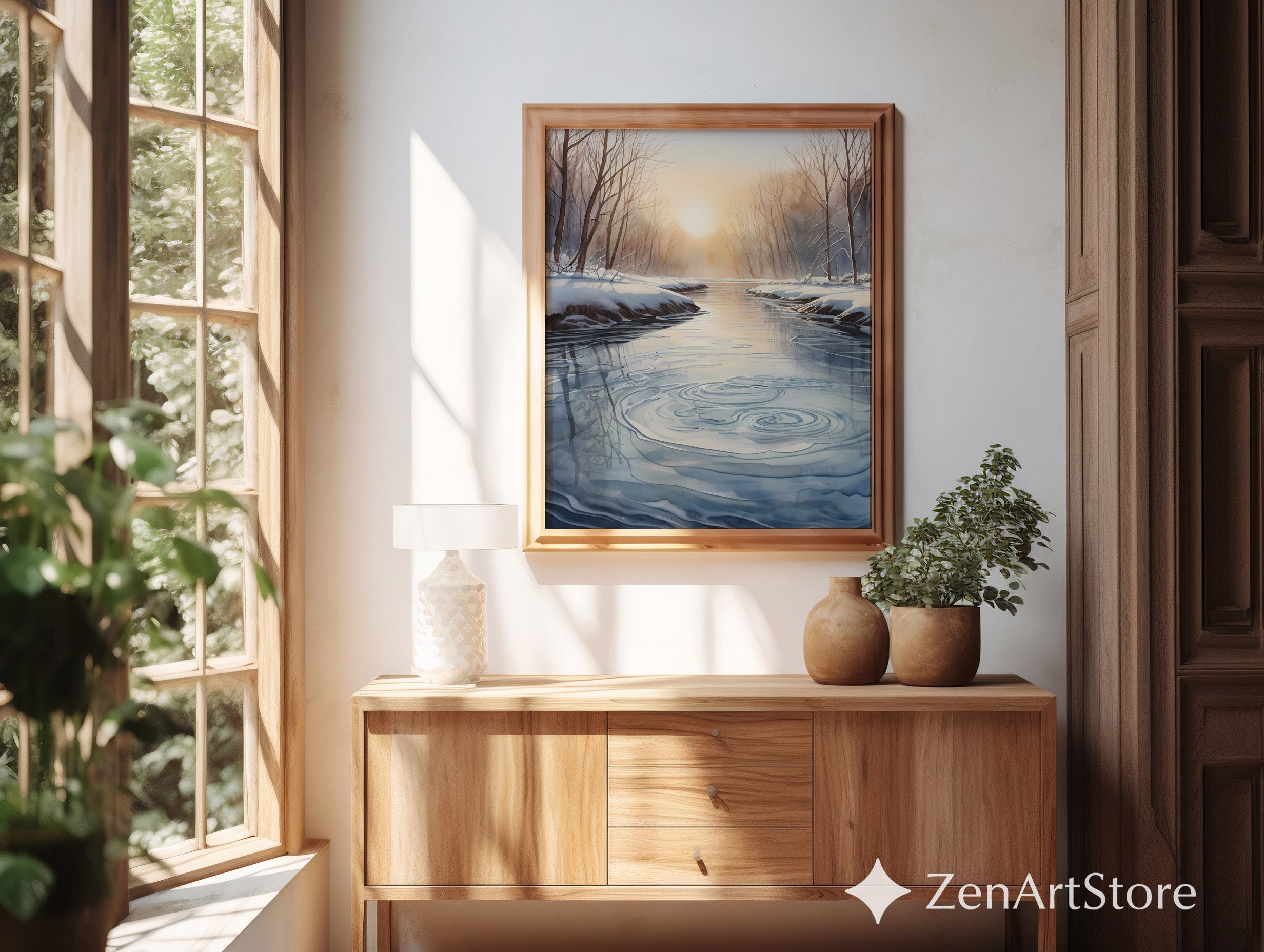 Winter River Sunrise Print - Minimal Scandinavian Landscape Wall Art, Neutral Japandi Zen Home Decor