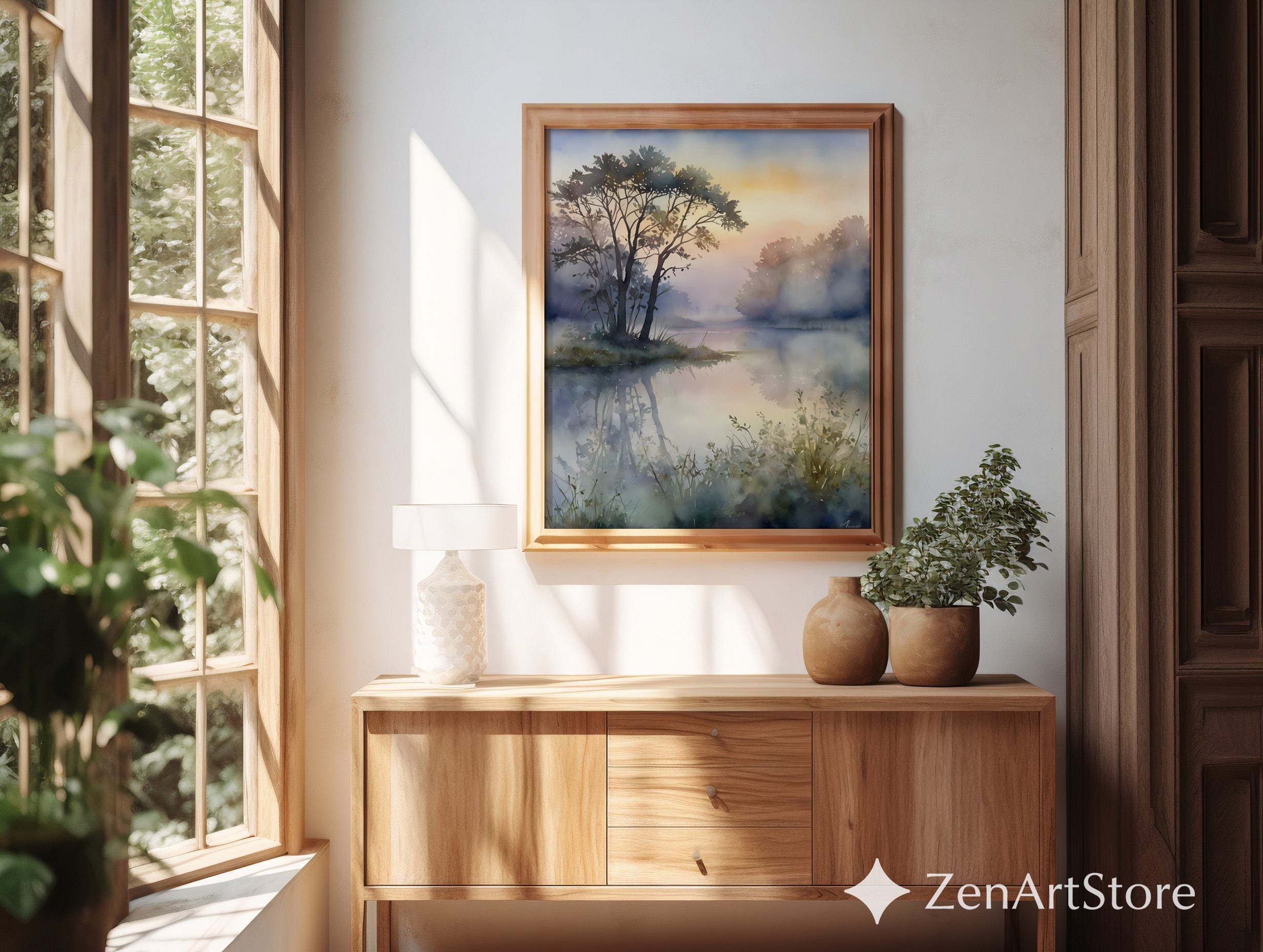 Misty Lake Watercolor Print - Serene Landscape Wall Art for Living Room, Bedroom, Japandi Wabi Sabi Neutral Home Decor