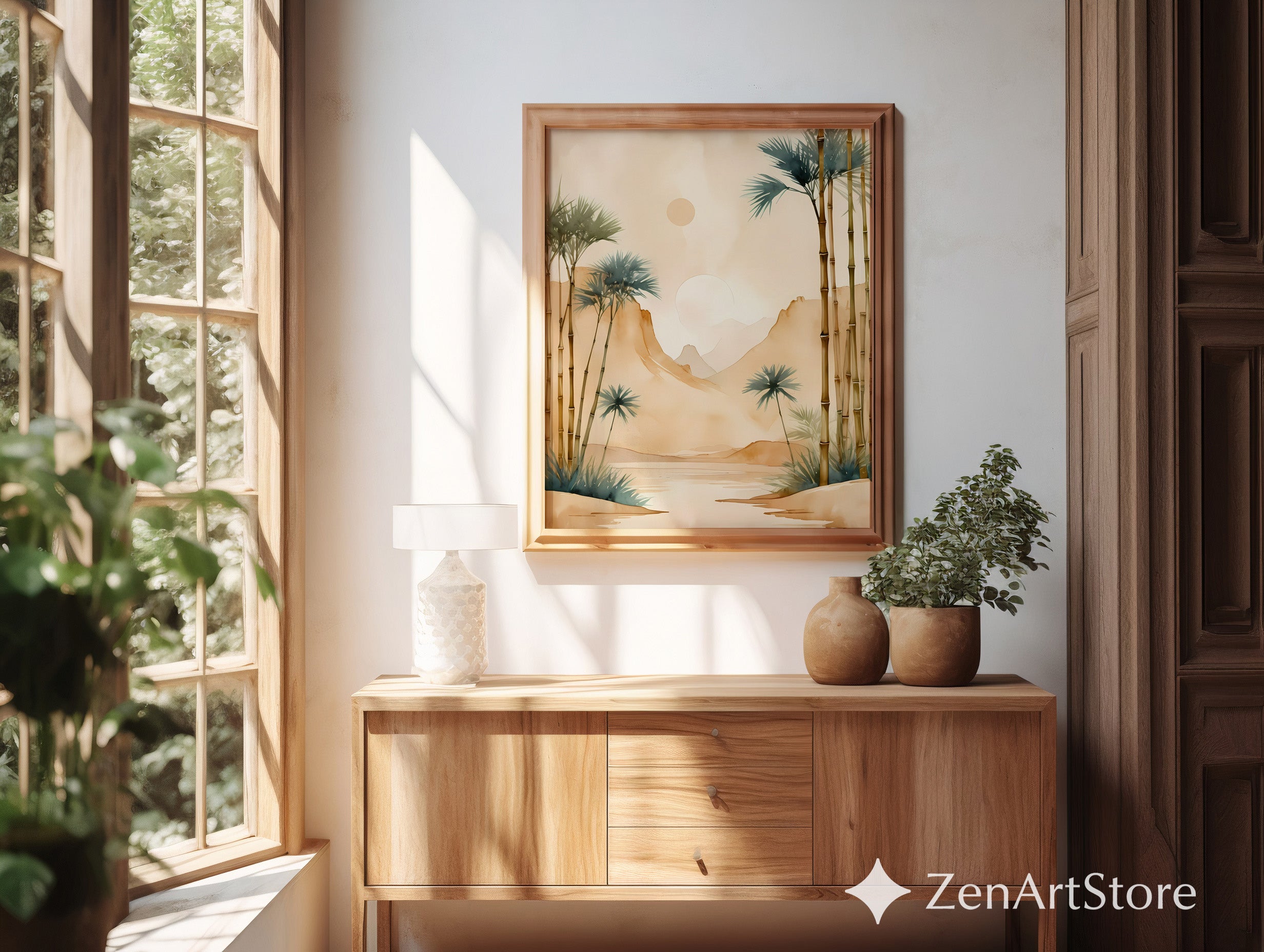 Neutral Bamboo Landscape Wall Art - Japandi Zen Minimalist Watercolor Palm & Mountain Print for Home Decor