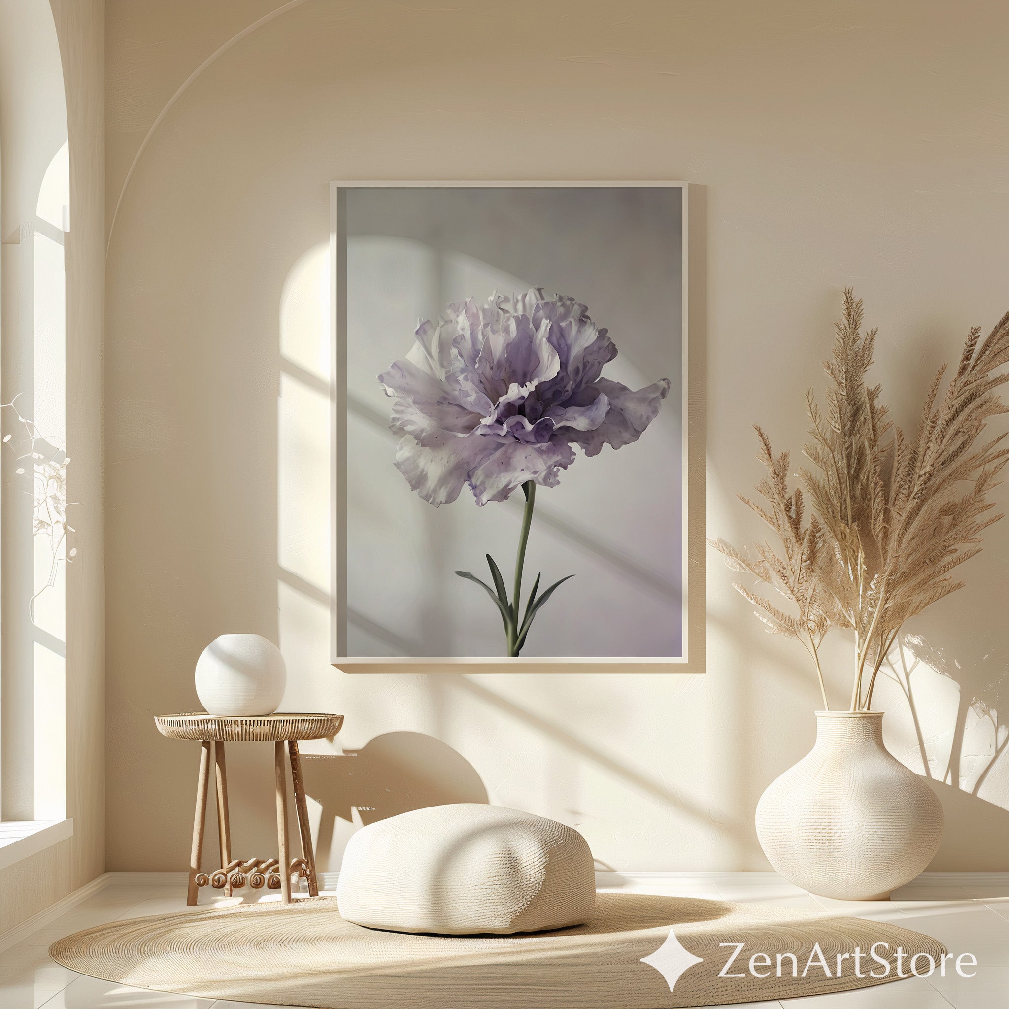 Lavender Peony Floral Art Print - Minimal Botanical Wall Art for Neutral Japandi, Scandinavian & Boho Home Decor