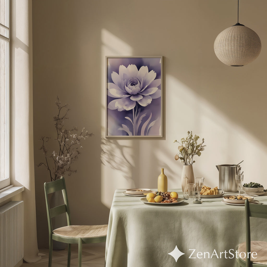 Lavender Floral Wall Art - Calming Purple Peony Print for Bedroom & Living Room - Minimal Zen Botanical Canvas, Japandi Decor