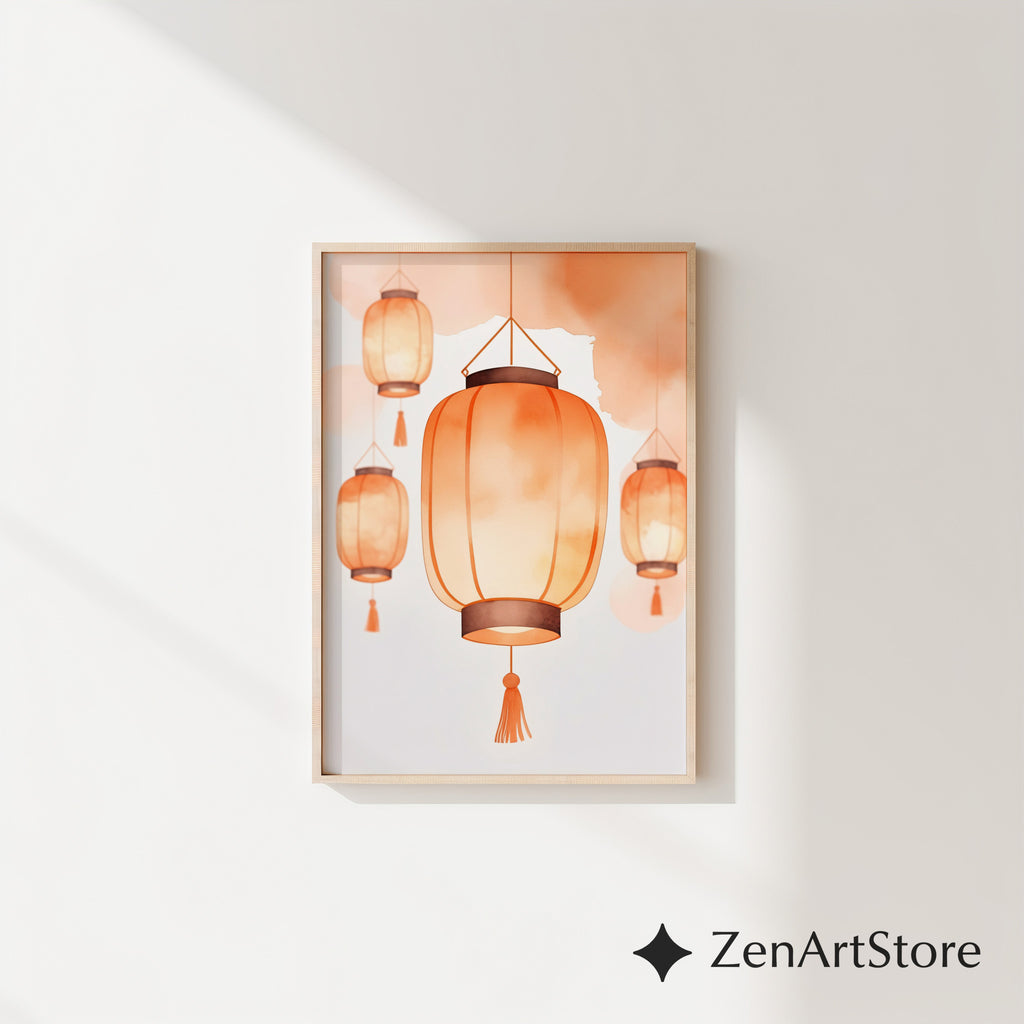 Warm Orange Lantern Wall Art - Minimal Paper Lantern Print, Japandi Zen Home Decor, Digital Download & Fine Art Print