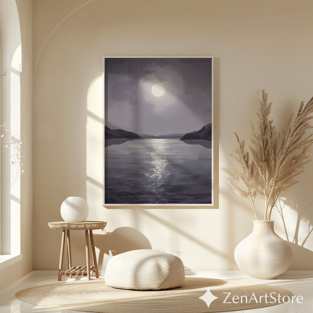 Moonlit Lake Minimalist Wall Art - Calming Neutral Landscape Print for Bedroom, Living Room, Japandi & Scandinavian Decor
