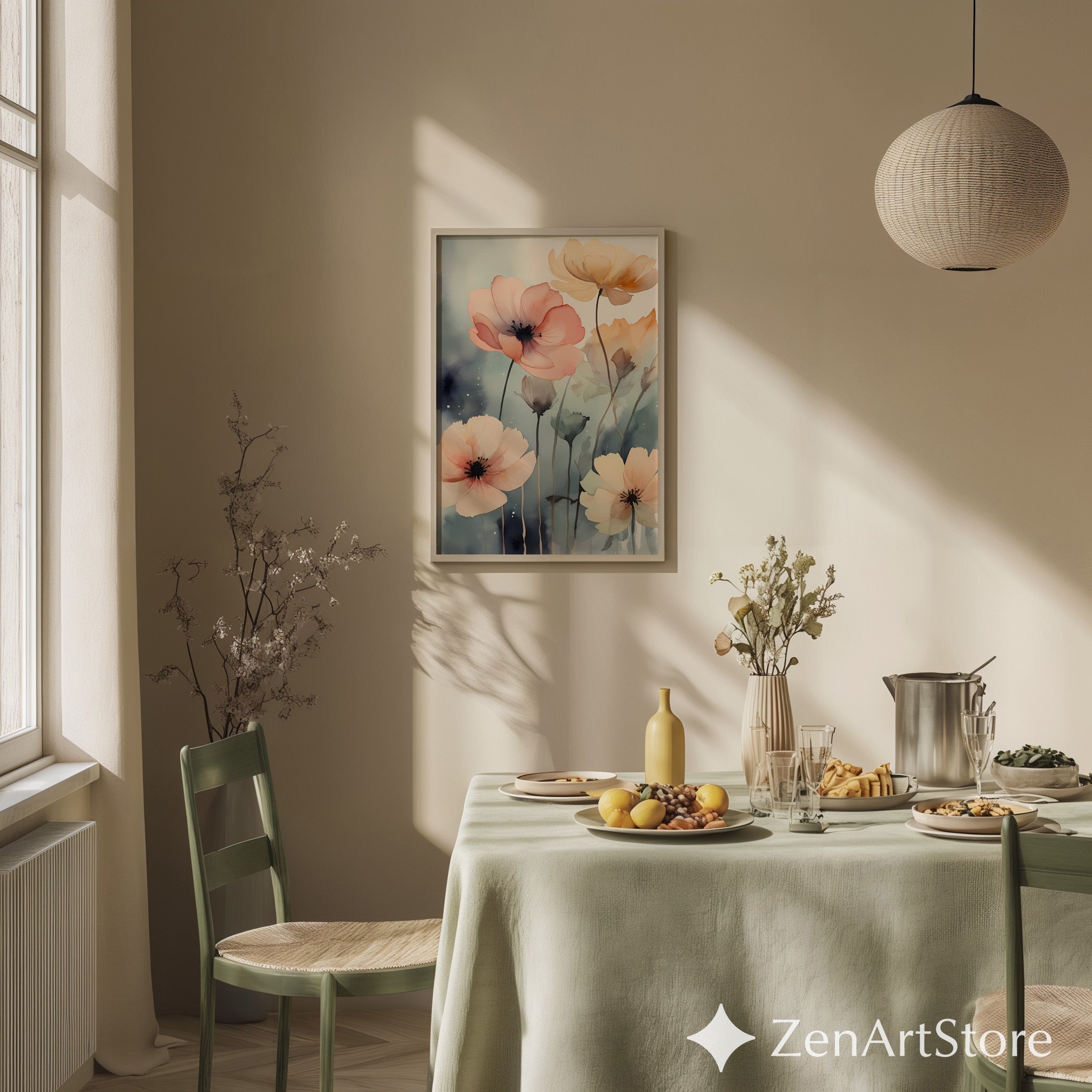 Soft Blush Poppy Watercolor Print - Neutral Floral Wall Art, Minimalist Botanical Canvas for Living Room Bedroom Nursery