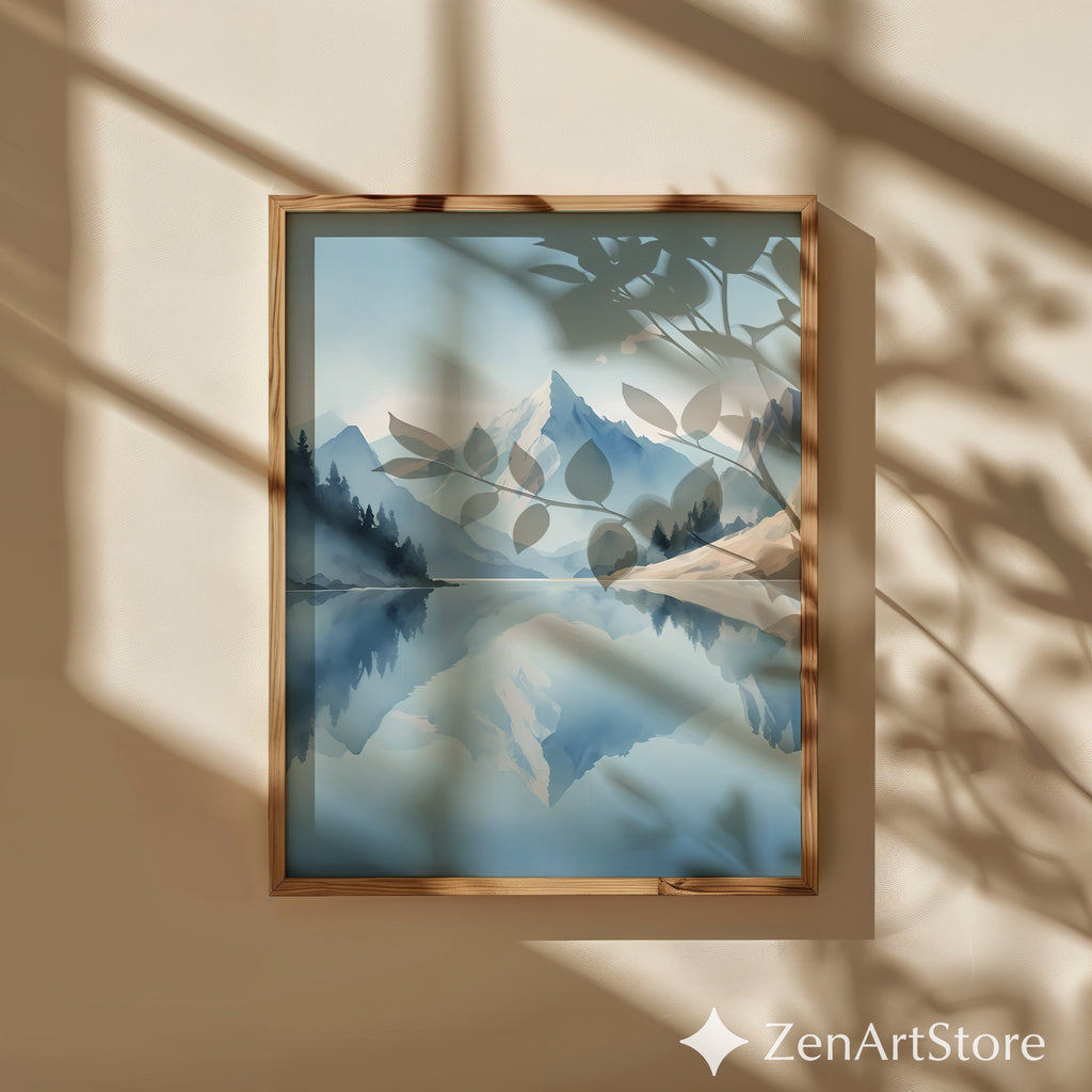 Calm Mountain Lake Wall Art Print - Minimal Blue Landscape Reflection, Scandinavian Zen Home Decor, Japandi Neutral Poster