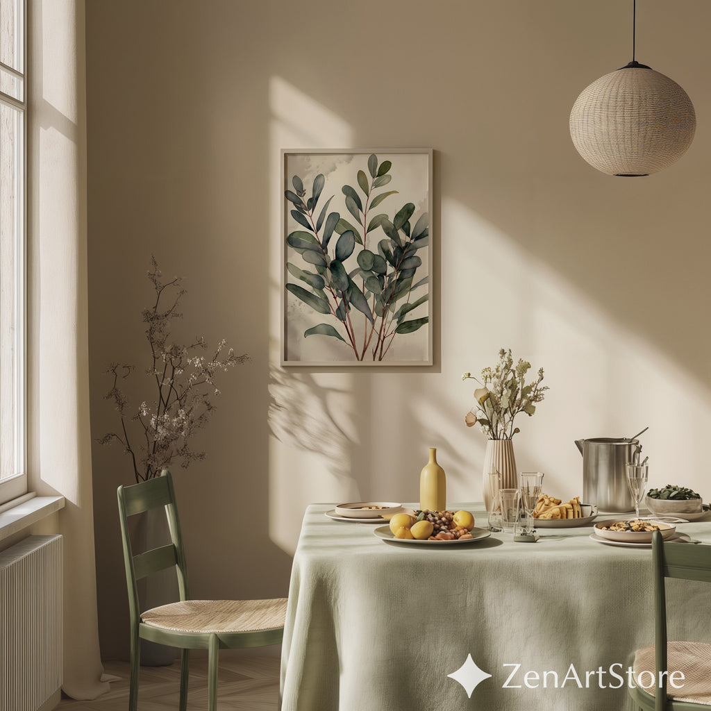 Minimal Eucalyptus Botanical Wall Art - Neutral Japandi Watercolor Print for Living Room Bedroom - Calm Scandinavian Plant Poster