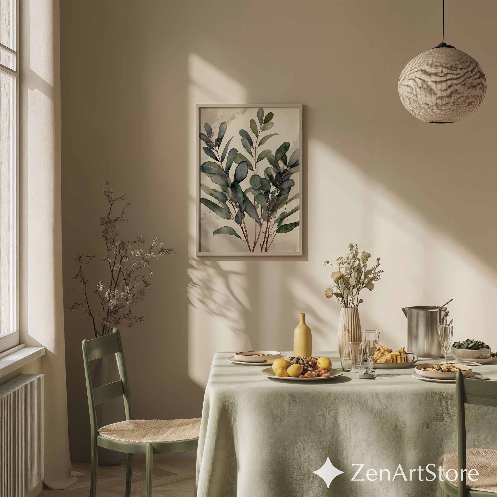 Minimal Eucalyptus Botanical Wall Art - Neutral Japandi Watercolor Print for Living Room Bedroom - Calm Scandinavian Plant Poster