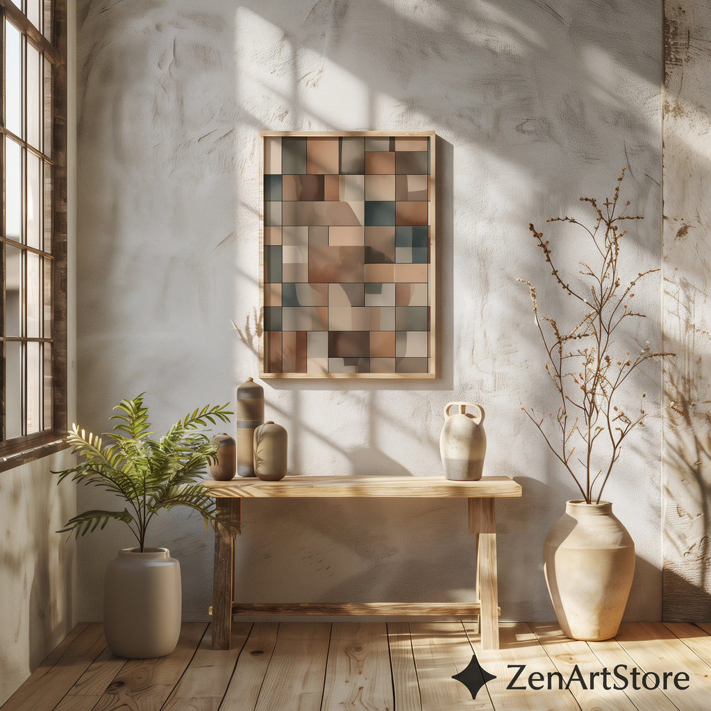 Neutral Geometric Wall Art Beige Brown Abstract Tiles Modern Minimalist Home Decor