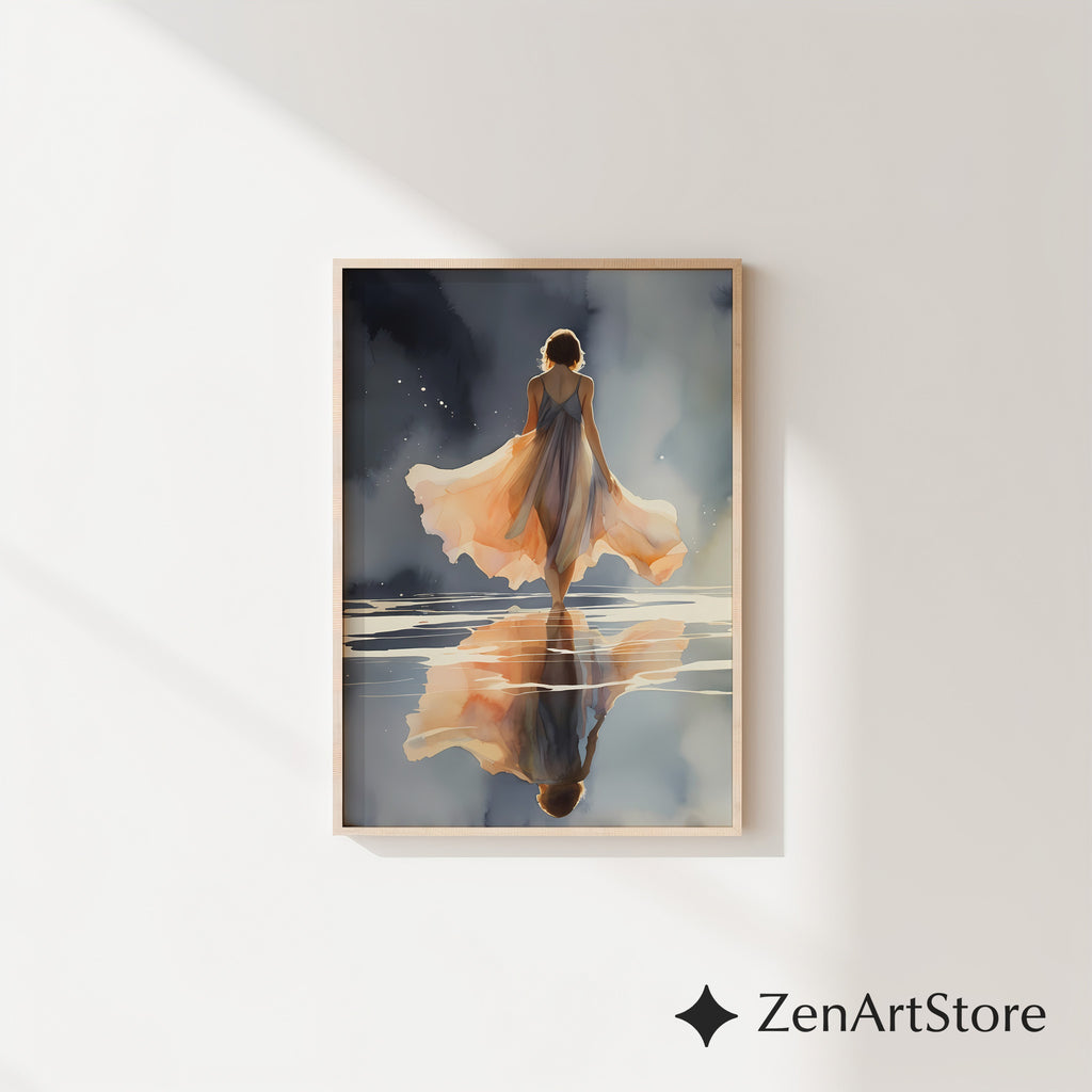 Ethereal Woman Walking on Water Art Print - Peach Reflection Minimal Zen Wall Art for Bedroom & Living Room