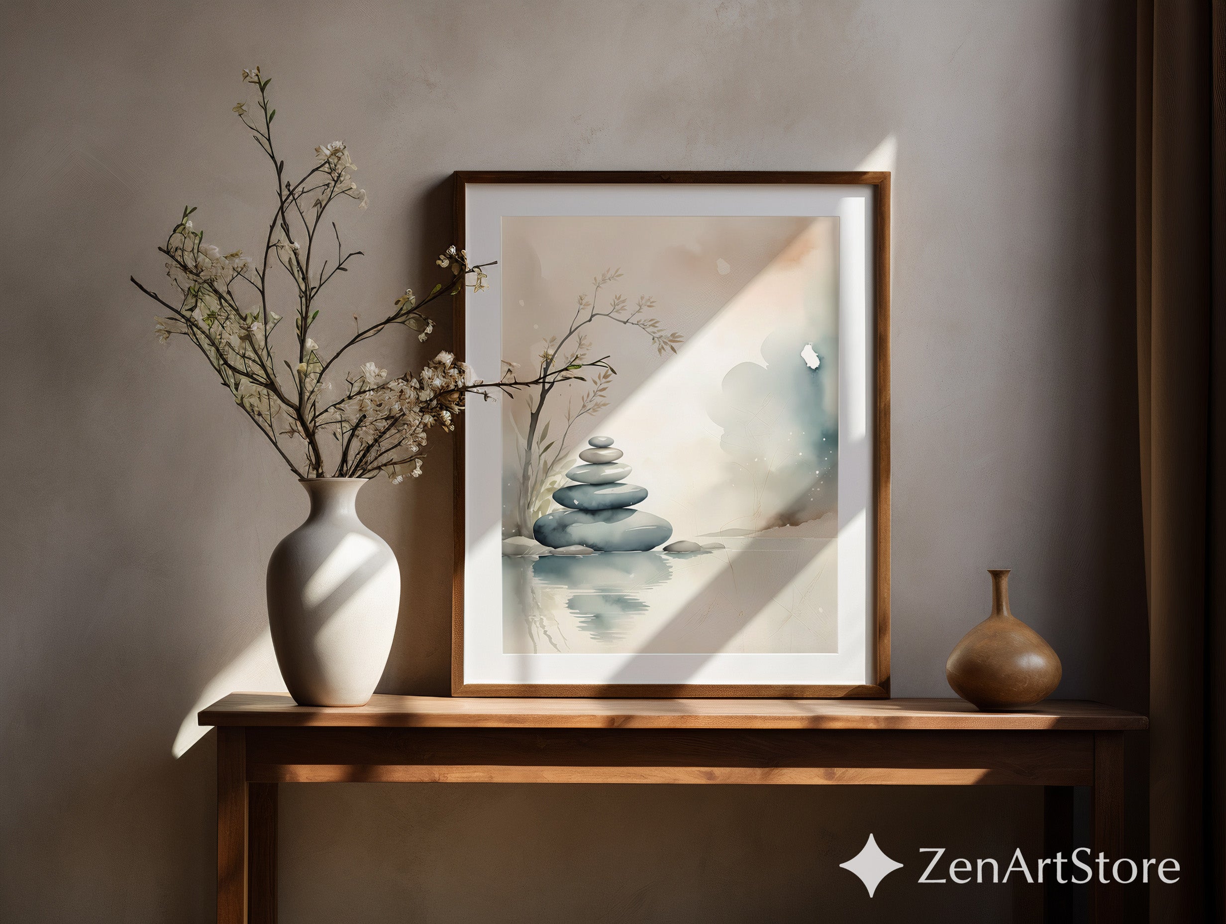Zen Stones Watercolor Print - Minimal Neutral Wall Art for Spa, Meditation & Japandi Home Decor