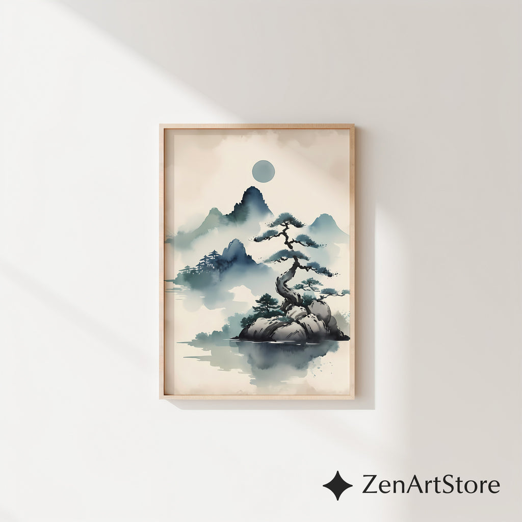 Zen Ink Landscape Print - Misty Mountain Bonsai Art, Minimal Japandi Wall Decor for Neutral Modern Homes