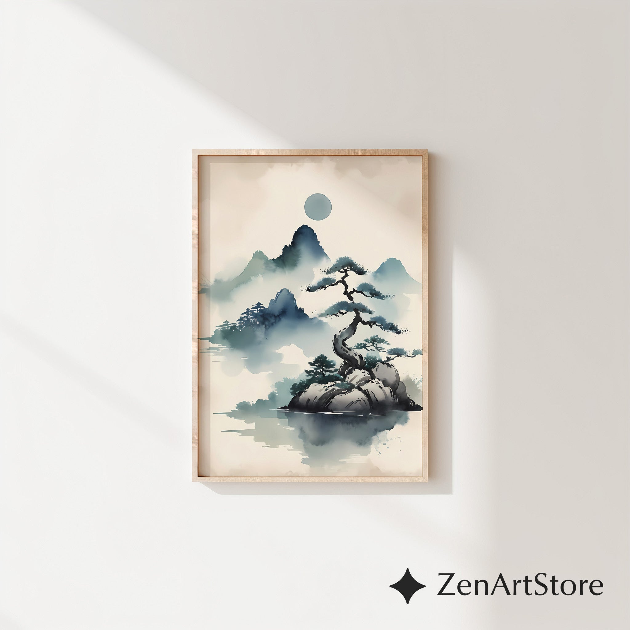 Zen Ink Landscape Print - Misty Mountain Bonsai Art, Minimal Japandi Wall Decor for Neutral Modern Homes
