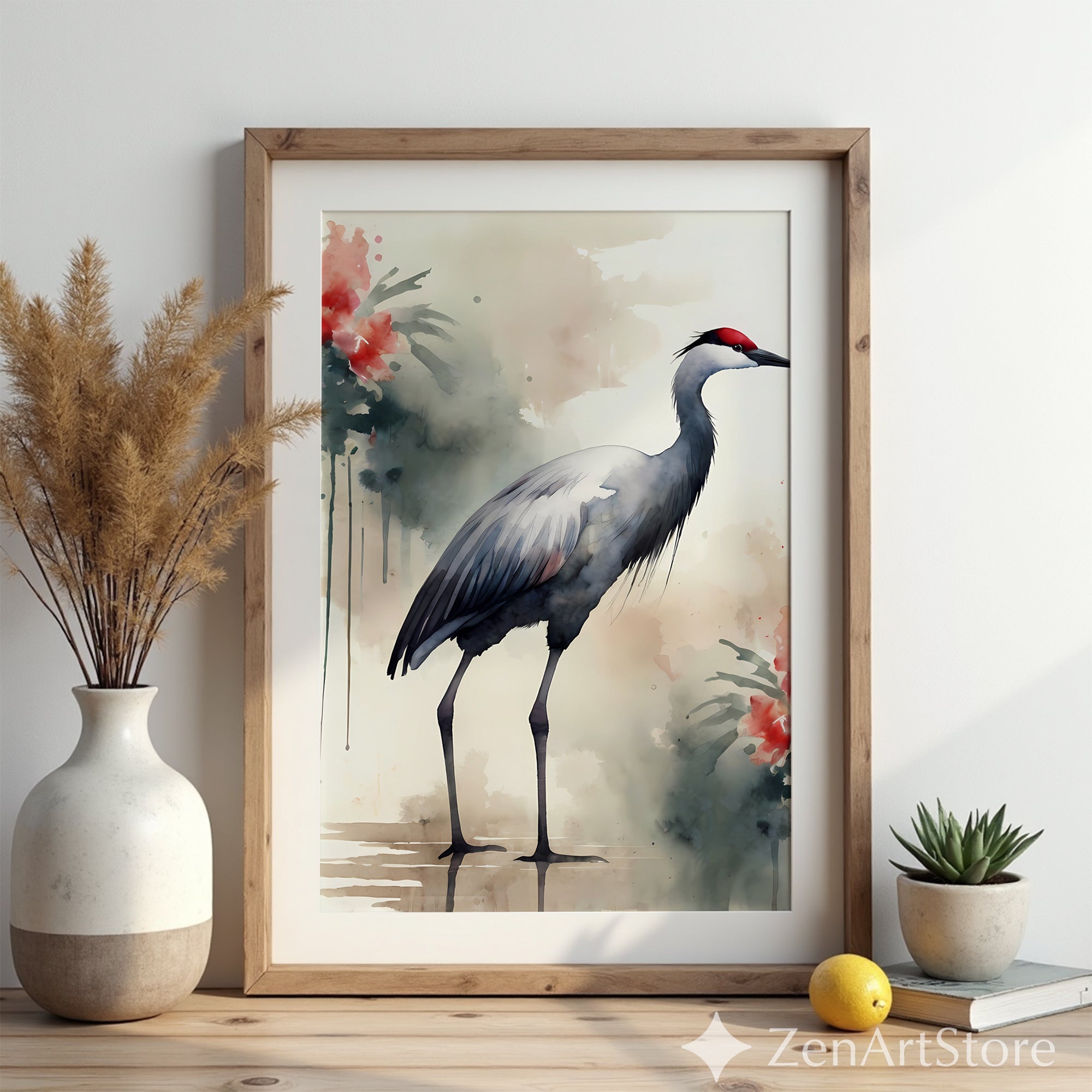 Watercolor Crane Wall Art Print - Japandi Wabi Sabi Heron Painting, Neutral Zen Botanical Home Decor