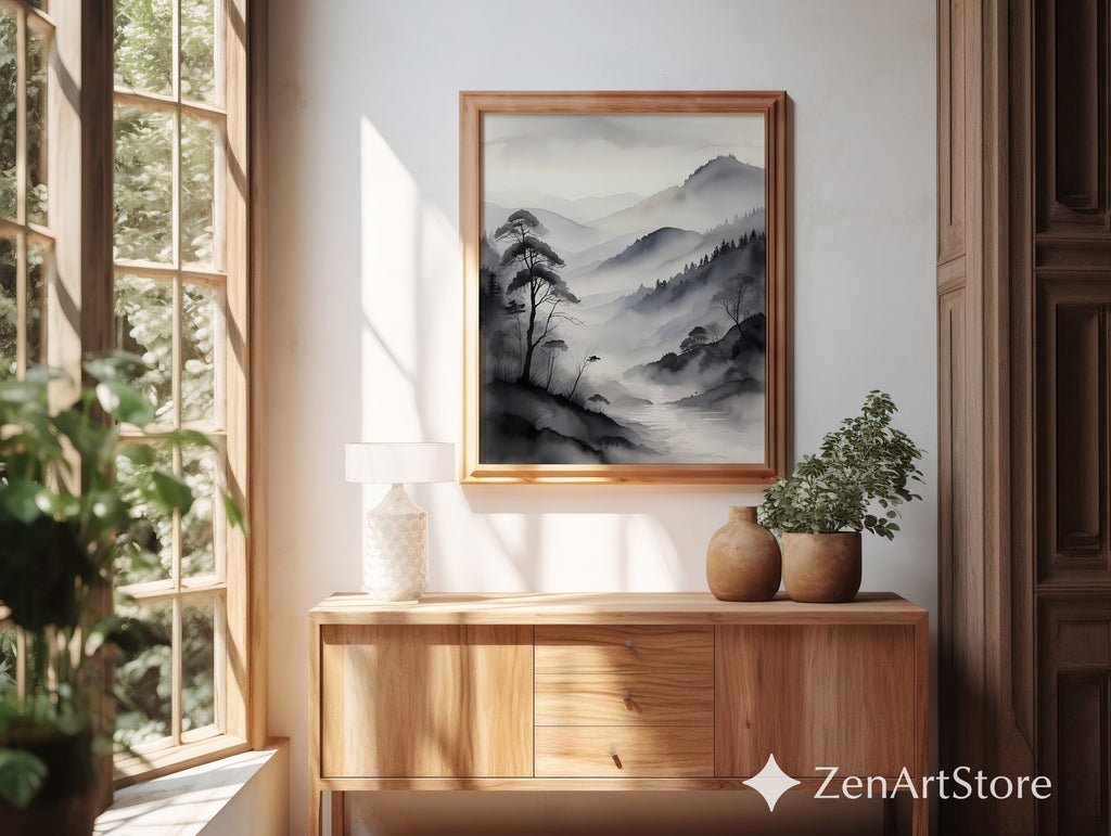 Misty Mountain Sumi-e Print - Minimal Zen Landscape Wall Art, Japandi Monochrome Canvas or Digital Download