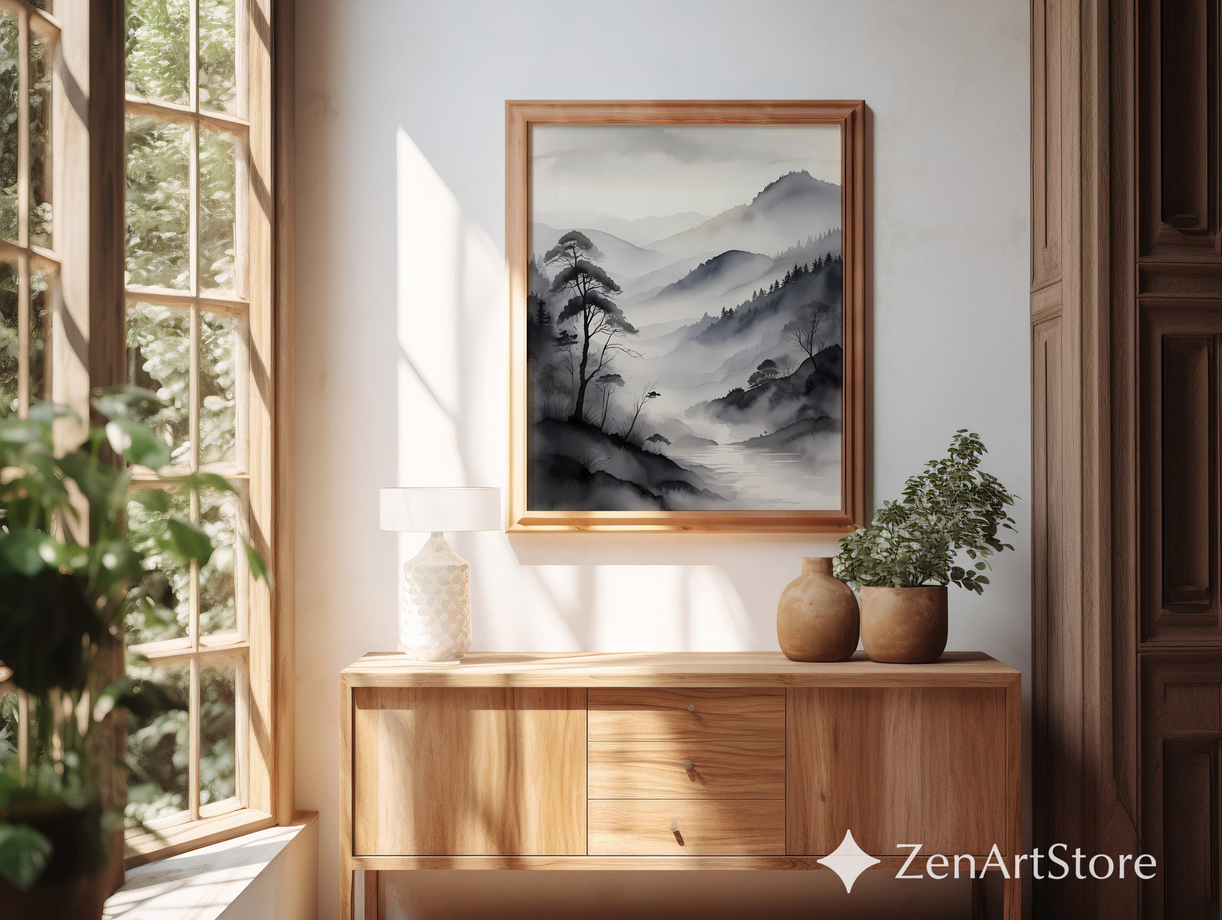 Misty Mountain Sumi-e Print - Minimal Zen Landscape Wall Art, Japandi Monochrome Canvas or Digital Download