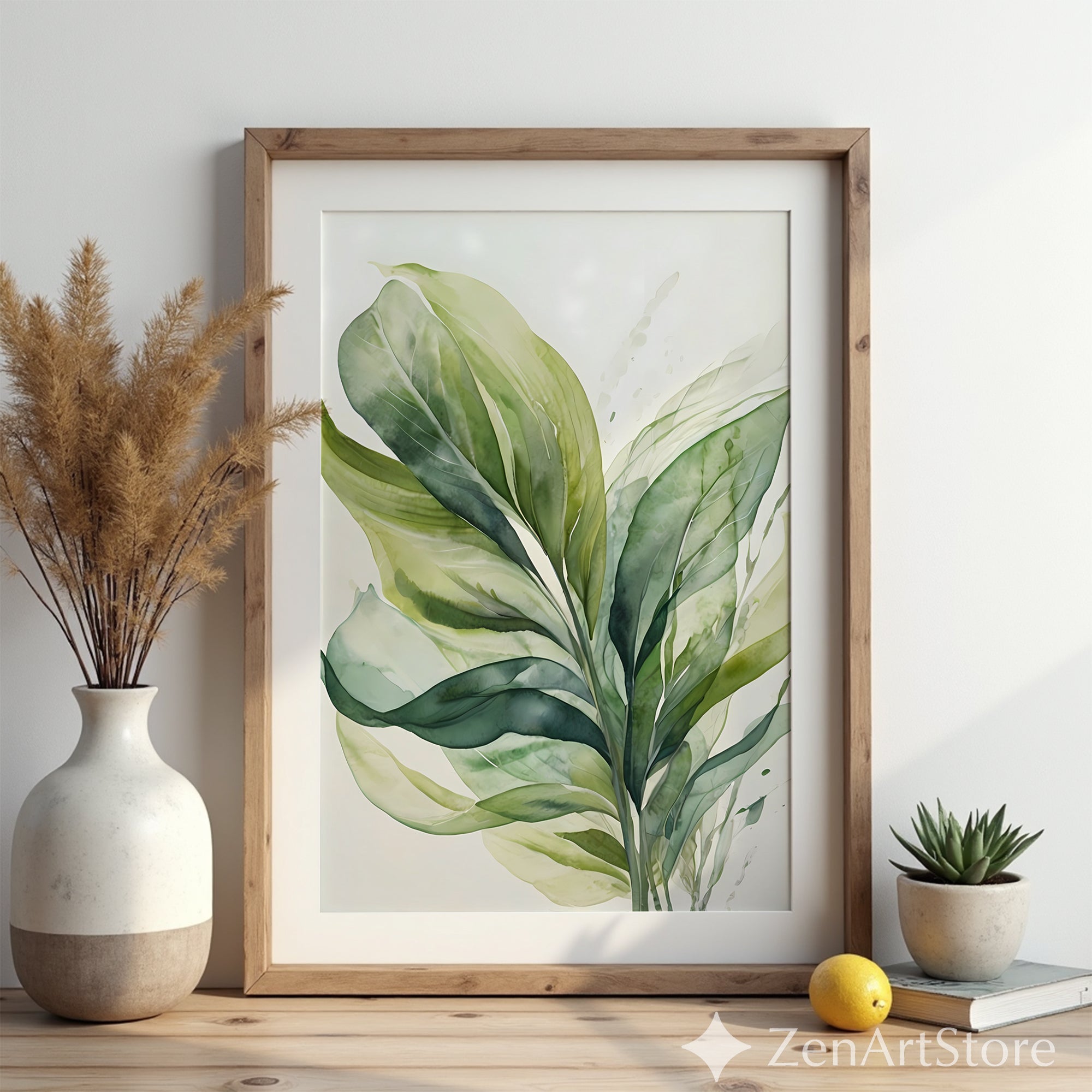 Green Leaf Watercolor Print - Minimal Botanical Wall Art for Japandi, Scandinavian Neutral Home Decor