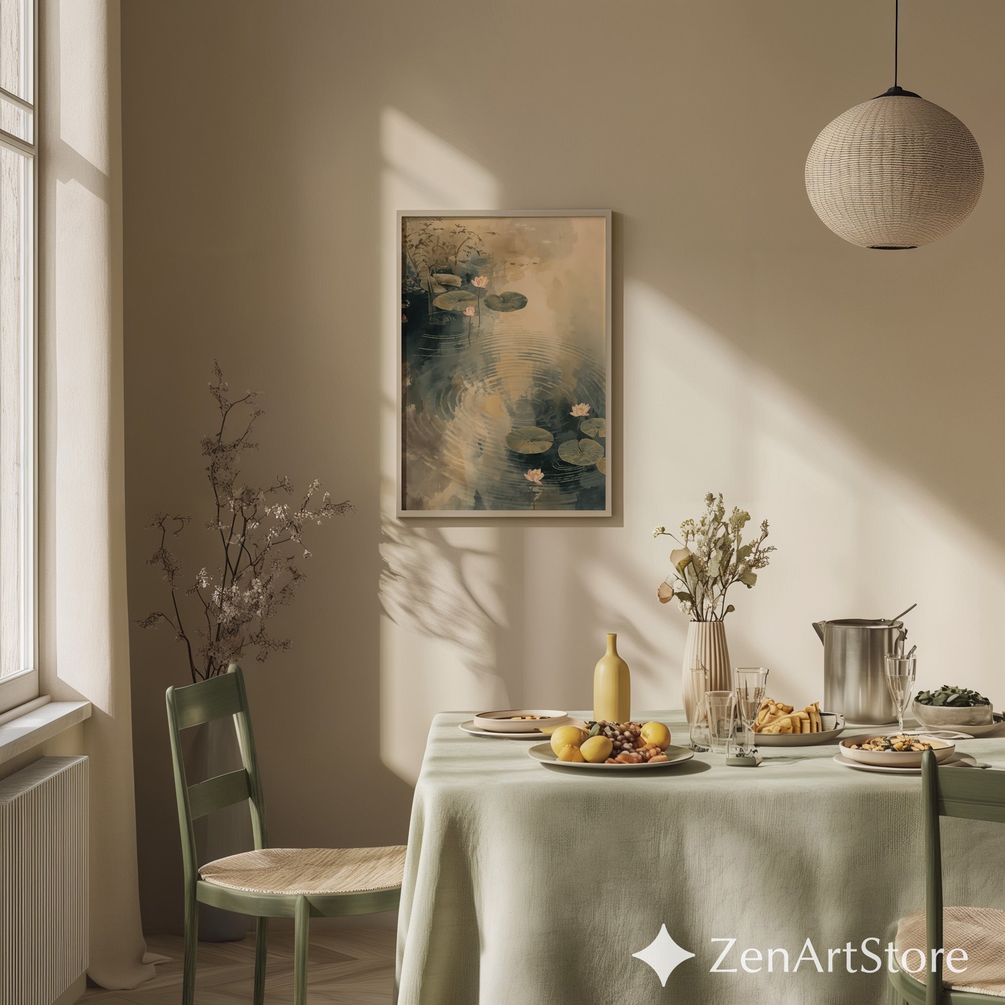 Serene Lotus Pond Watercolor Print - Zen Minimal Botanical Wall Art, Neutral Beige & Blue-Gray Japandi Home Decor