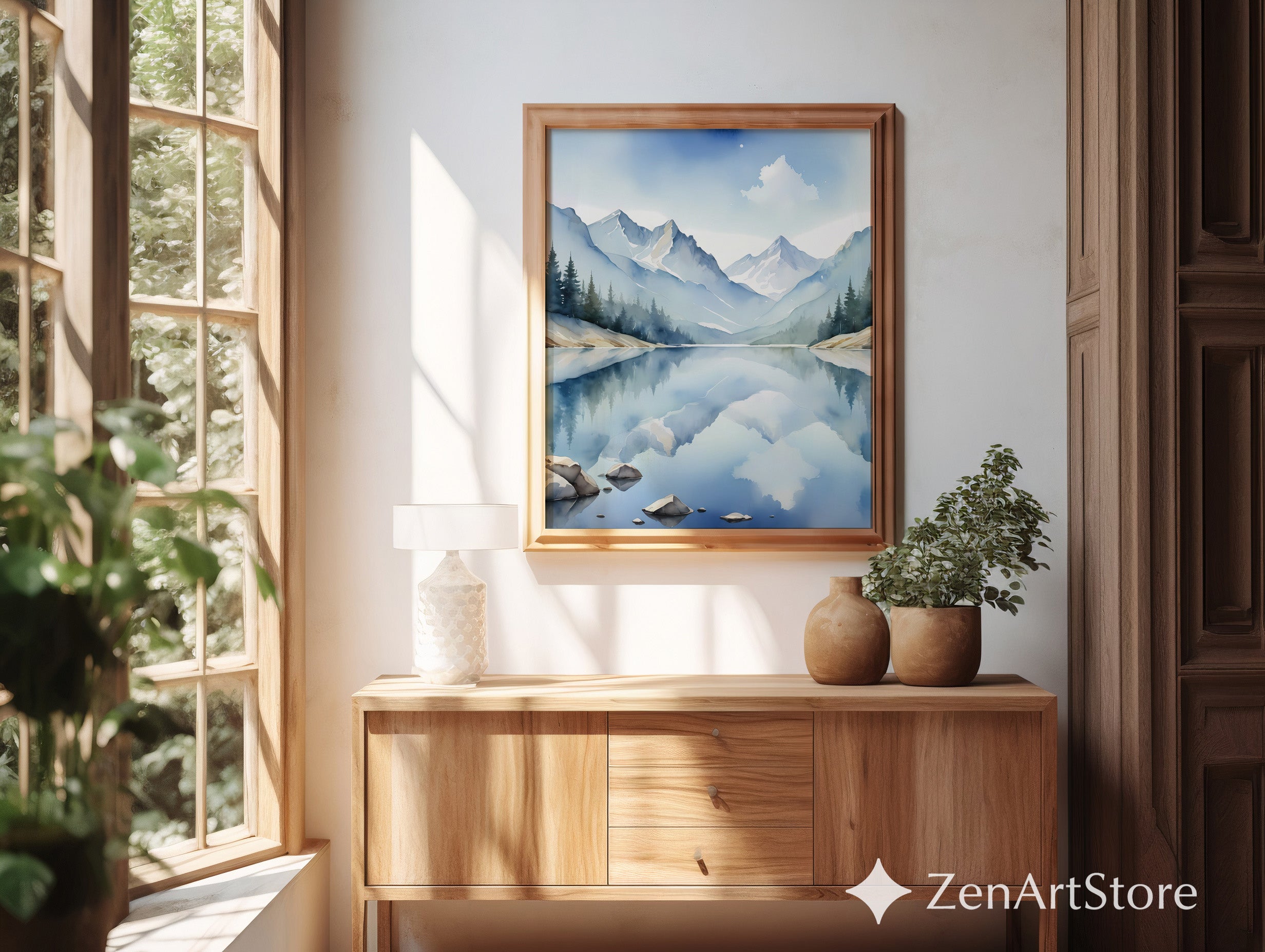 Watercolor Mountain Lake Print - Serene Blue Landscape Wall Art for Scandinavian Japandi Minimalist Home Decor