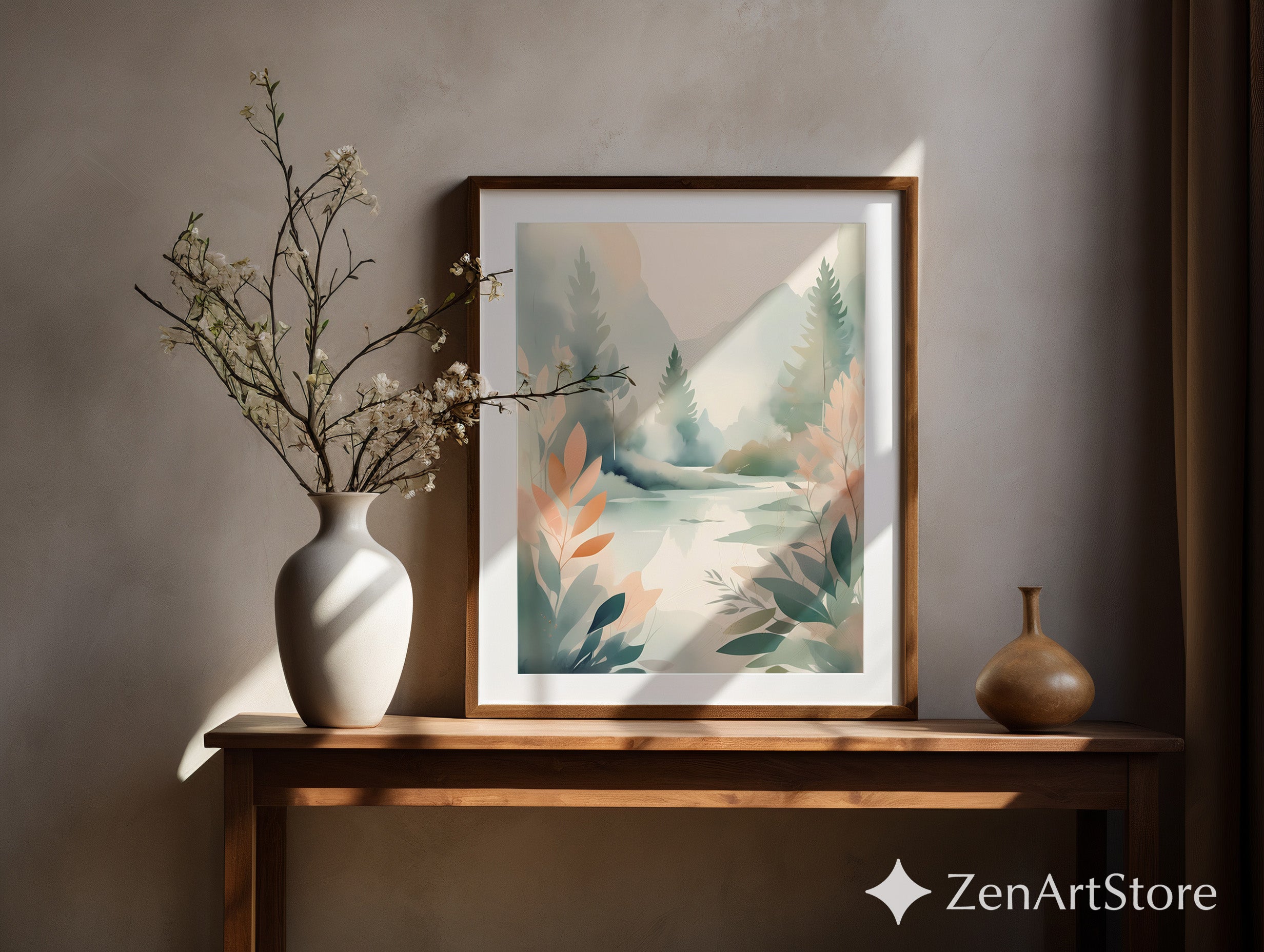 Serene Minimal Landscape Print - Neutral Botanical Watercolor Wall Art for Living Room, Japandi Calm Modern Home Decor