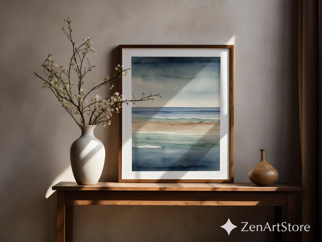 Abstract Coastal Watercolor Print Calm Blue Beige Seascape Minimal Japandi Wall Art Neutral Home Decor