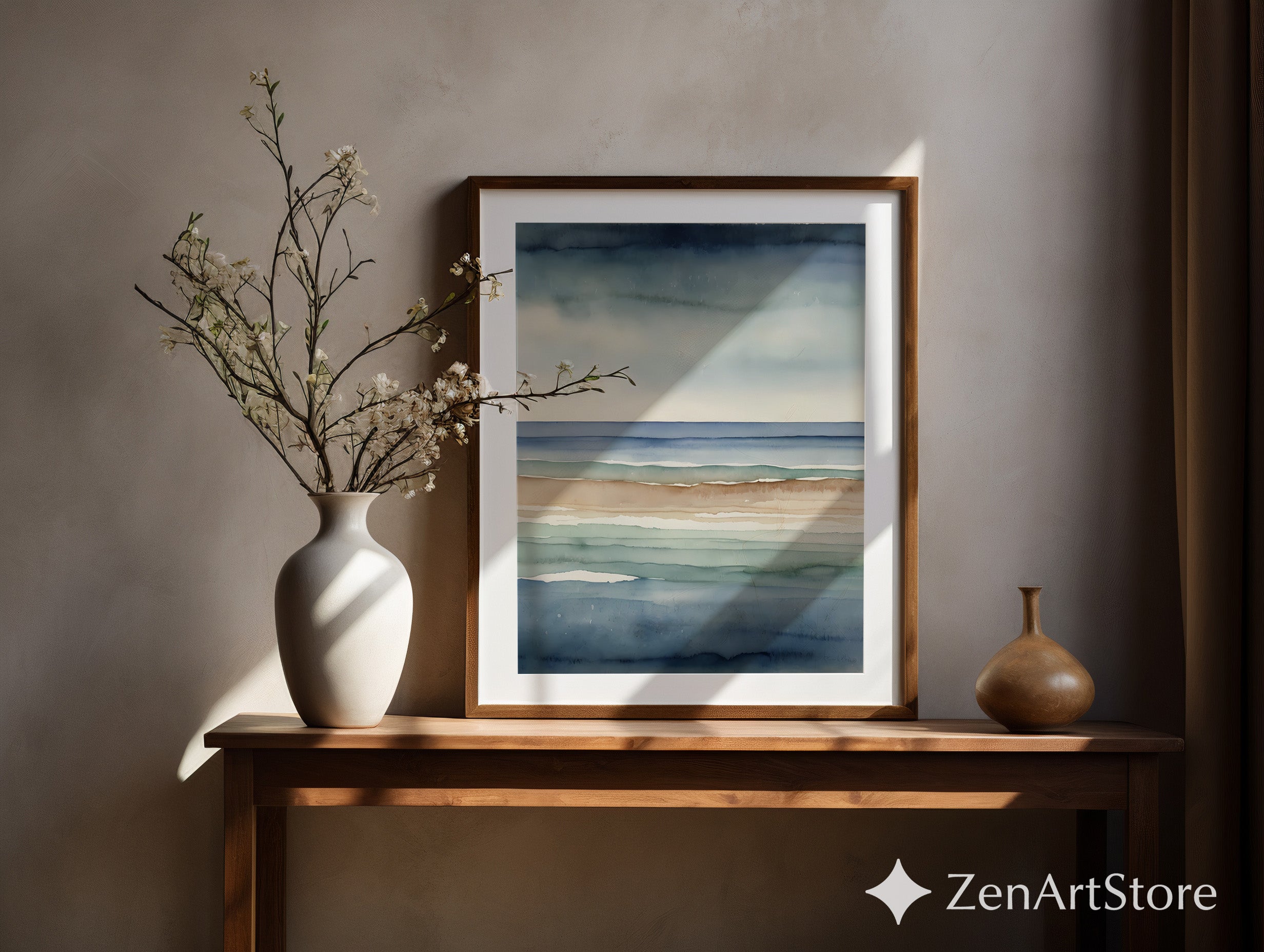 Abstract Coastal Watercolor Print Calm Blue Beige Seascape Minimal Japandi Wall Art Neutral Home Decor