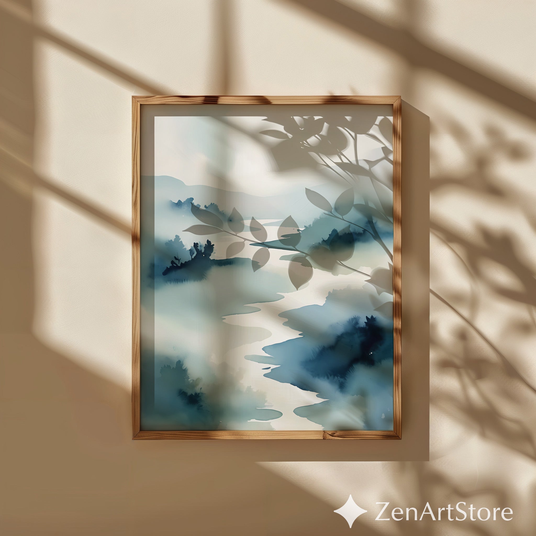 Misty River Watercolor Print - Minimal Japandi Landscape Art, Neutral Blue Zen Wall Decor for Living Room & Bedroom