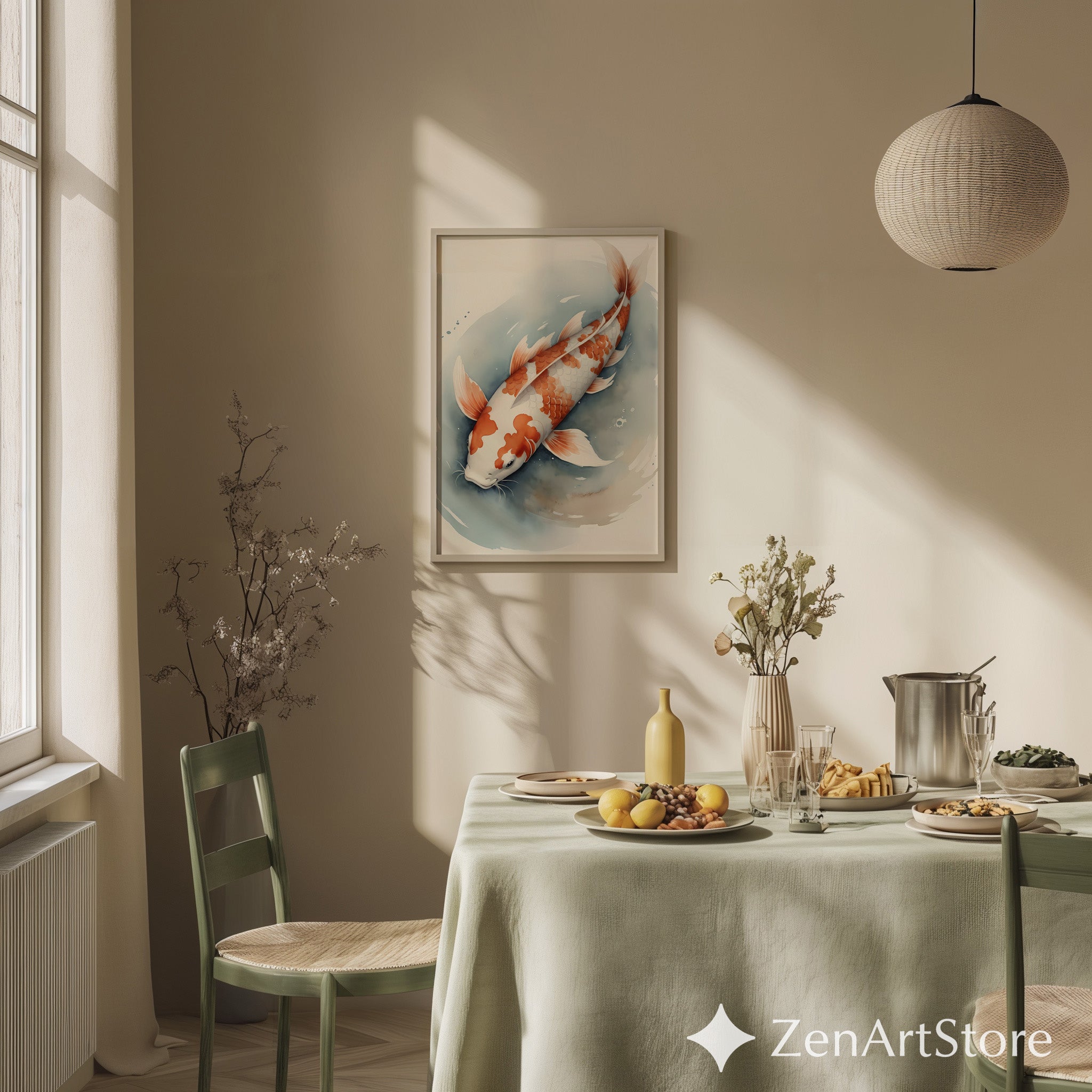 Serene Koi Fish Wall Art - Japanese Koi Watercolor Print for Zen Japandi & Minimal Home Decor in Soft Blue, Cream & Orange