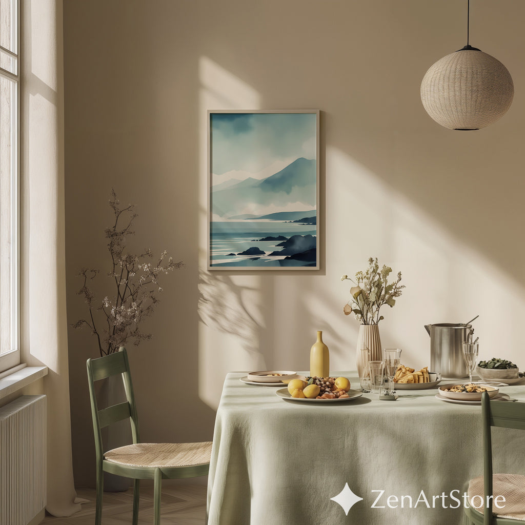 Minimal Blue Coastal Landscape Print - Serene Mountain Seascape Wall Art for Japandi & Scandinavian Homes