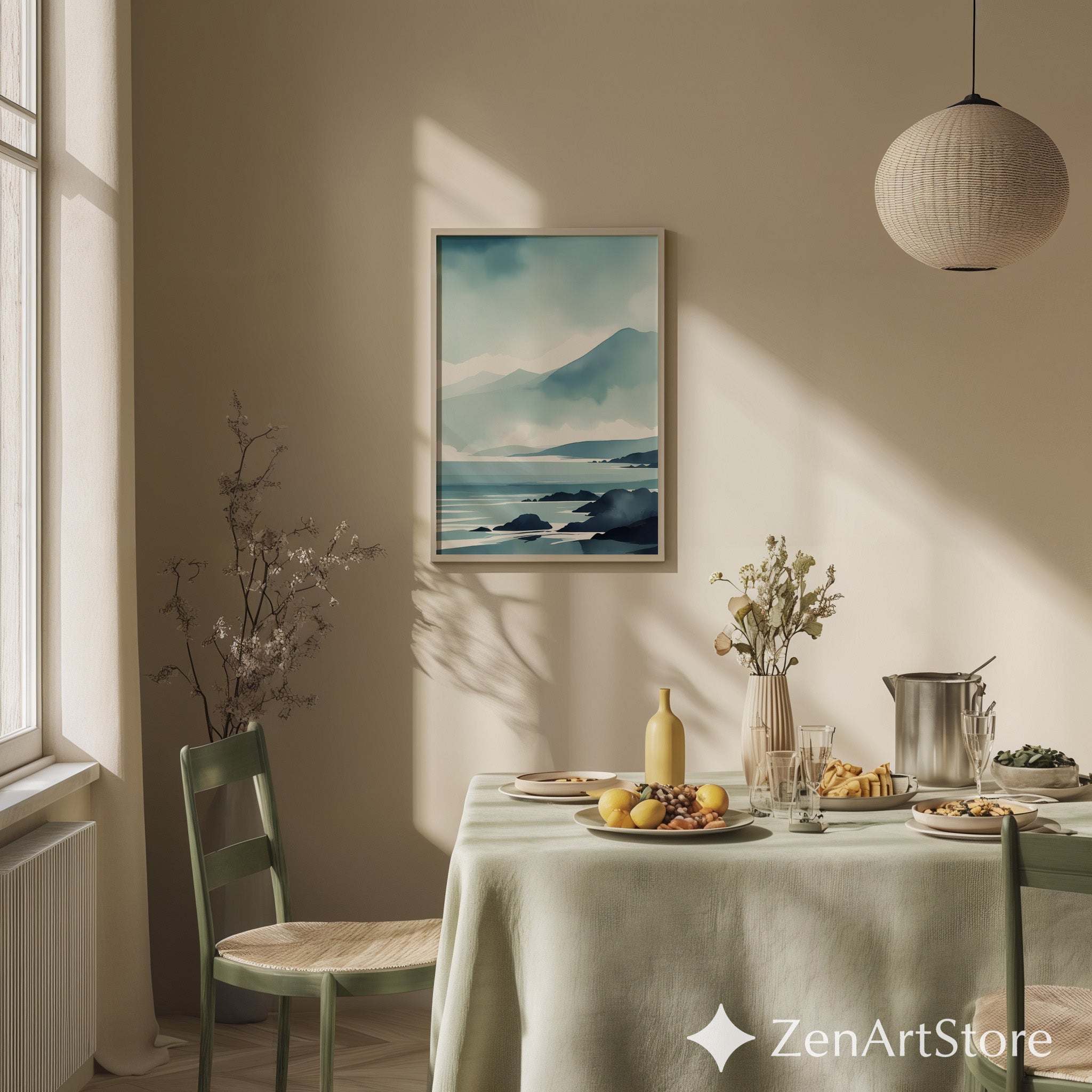 Minimal Blue Coastal Landscape Print - Serene Mountain Seascape Wall Art for Japandi & Scandinavian Homes