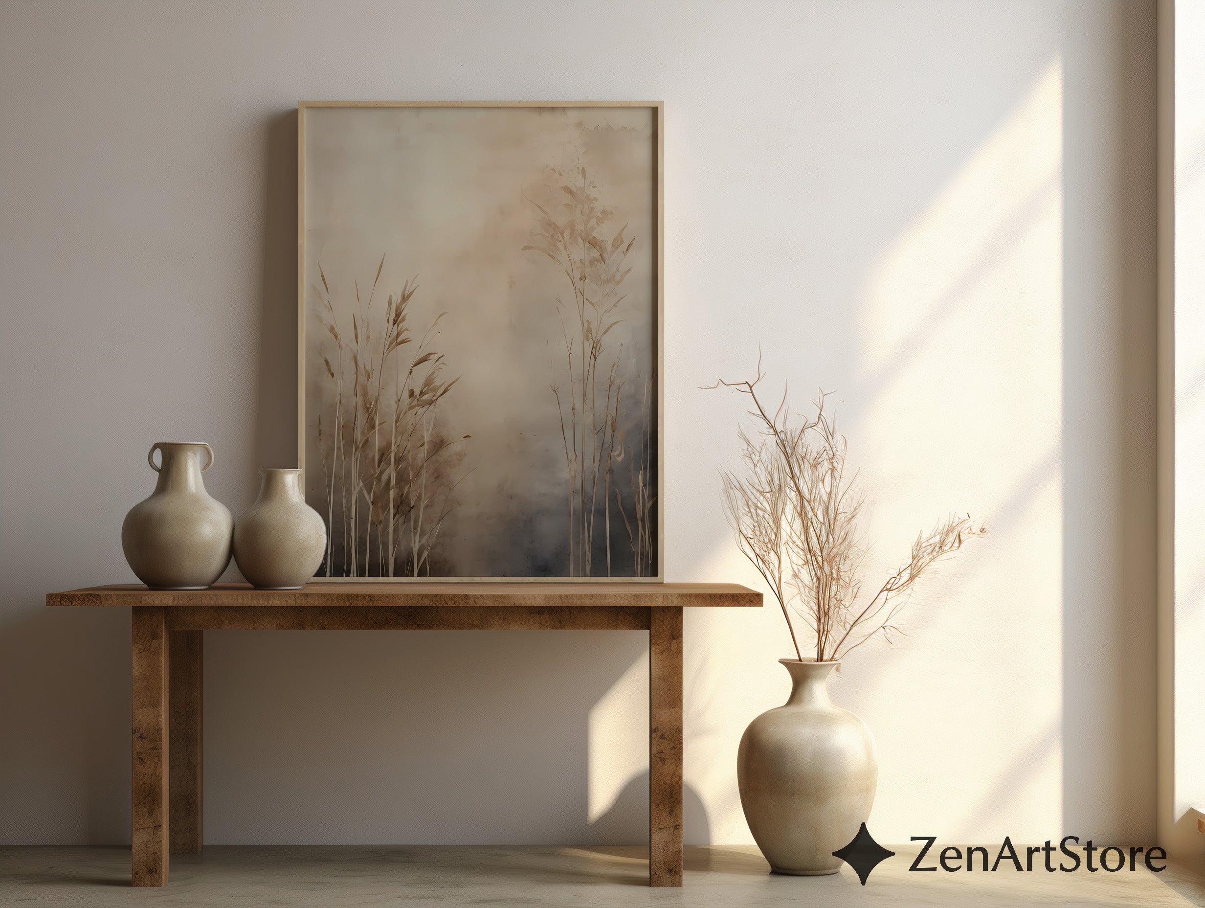 Neutral Botanical Wall Art — Beige Minimal Grass Print, Japandi Wabi Sabi Landscape for Living Room & Bedroom