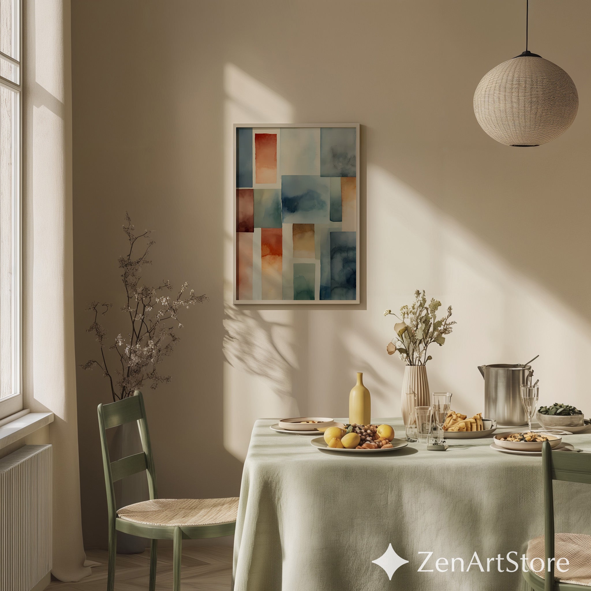 Abstract Geometric Watercolor Wall Art - Calm Blue, Terracotta & Beige Minimal Print for Modern Japandi Scandinavian Home Decor