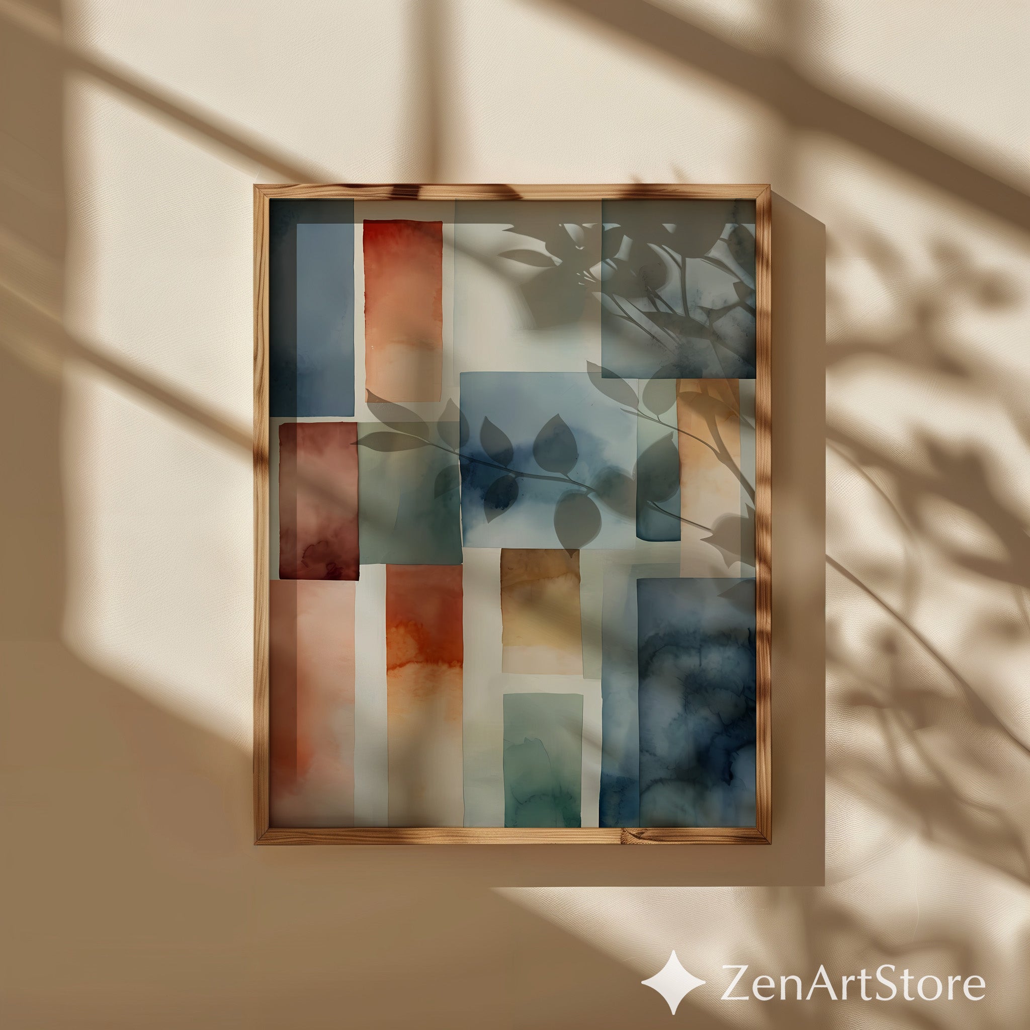 Abstract Geometric Watercolor Wall Art - Calm Blue, Terracotta & Beige Minimal Print for Modern Japandi Scandinavian Home Decor