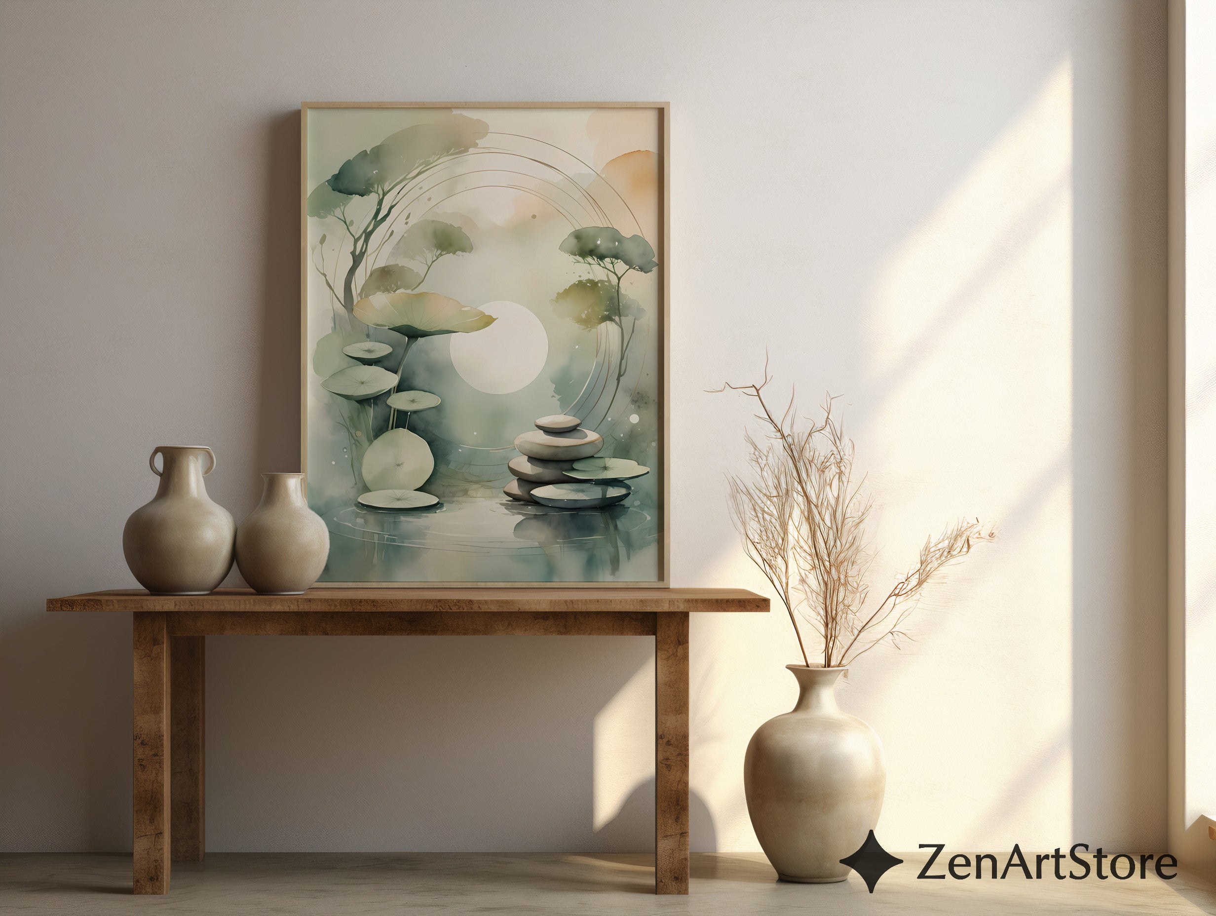 Zen Lotus Pond Wall Art - Minimal Japandi Botanical Print, Calming Neutral Green Landscape for Home Decor