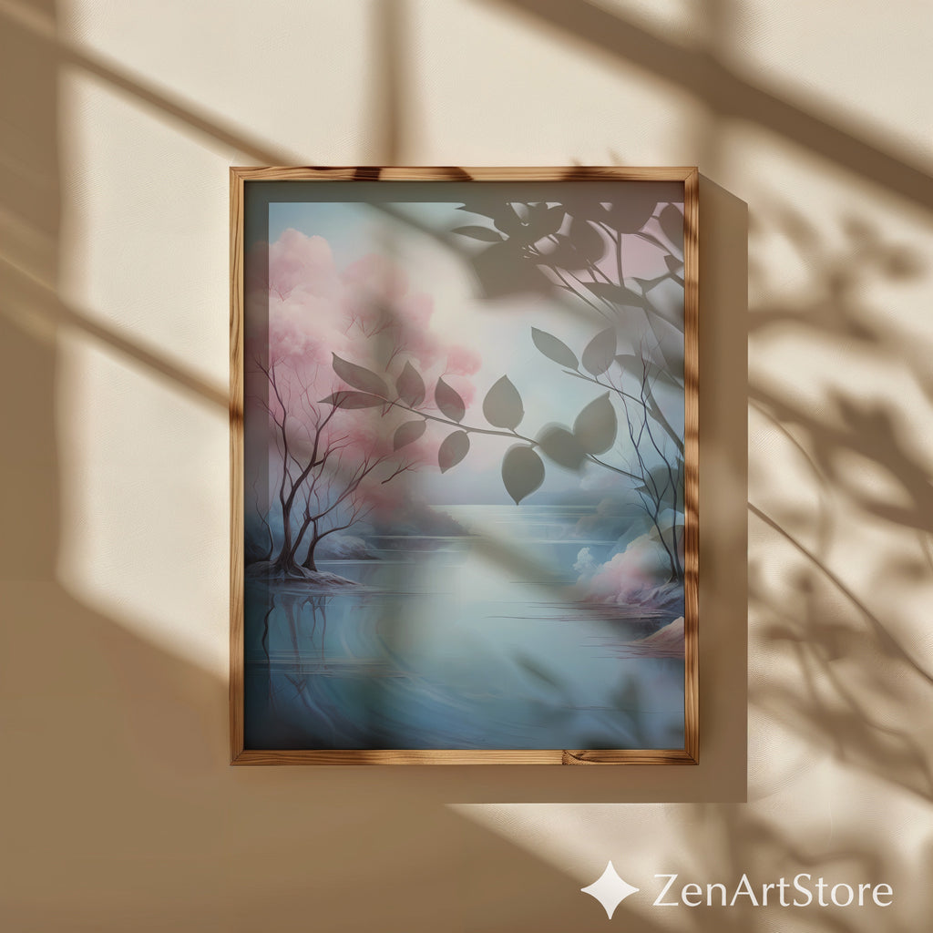 Serene Pastel Landscape Art Print - Pink Tree Lake Wall Art, Zen Minimal Japandi Home Decor