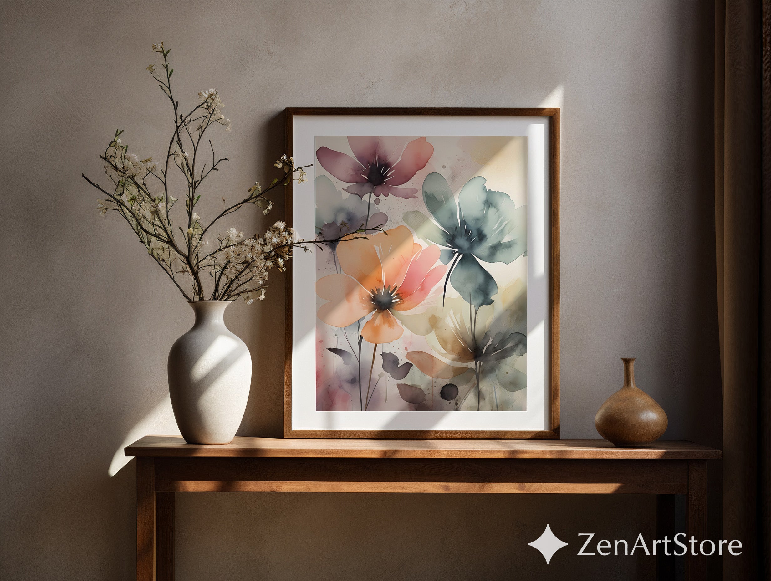 Soft Pastel Watercolor Floral Print - Abstract Botanical Wall Art for Living Room, Bedroom, Nursery - Zen Japandi Neutral Decor