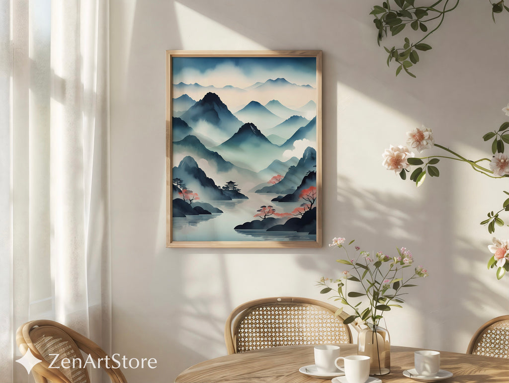 Misty Mountain Japanese Landscape Print - Zen Japandi Watercolor Wall Art for Living Room