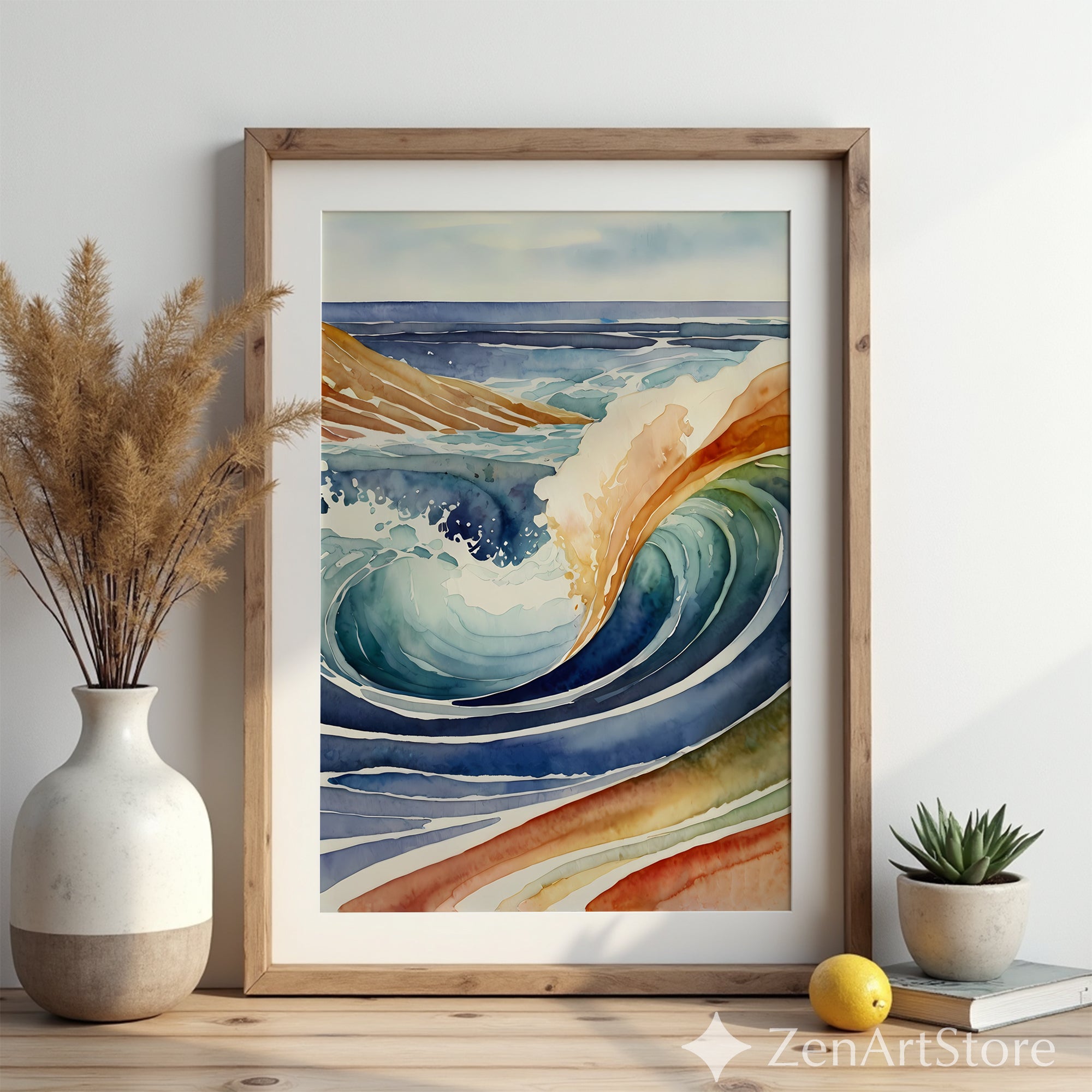 Abstract Watercolor Wave Art - Modern Coastal Ocean Print, Japandi Wabi Sabi Wall Decor in Blue, Teal & Earth Tones