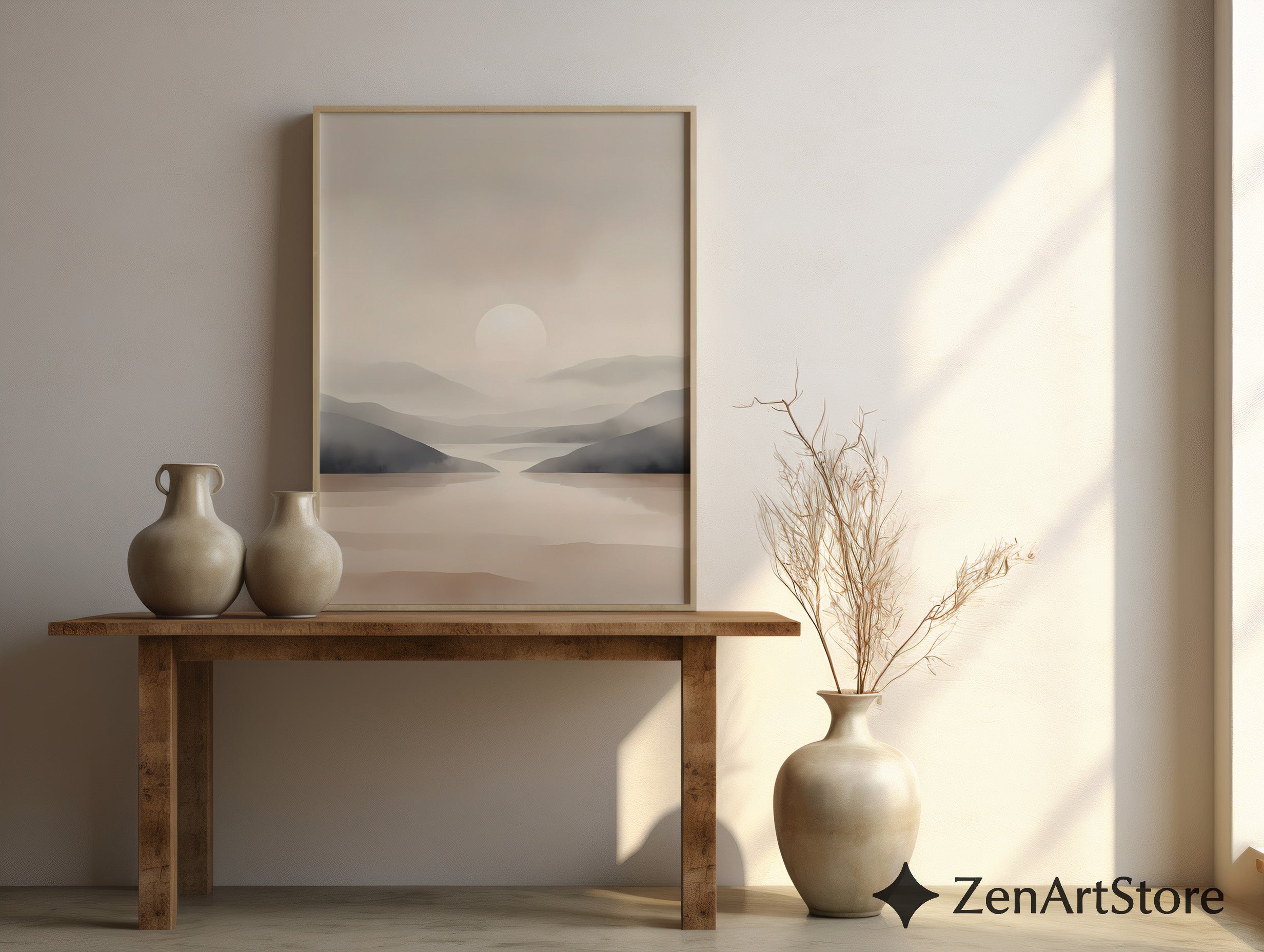 Minimal Neutral Landscape Wall Art | Calm Beige Sunrise Abstract Print for Living Room, Bedroom, Japandi, Scandinavian Home Decor