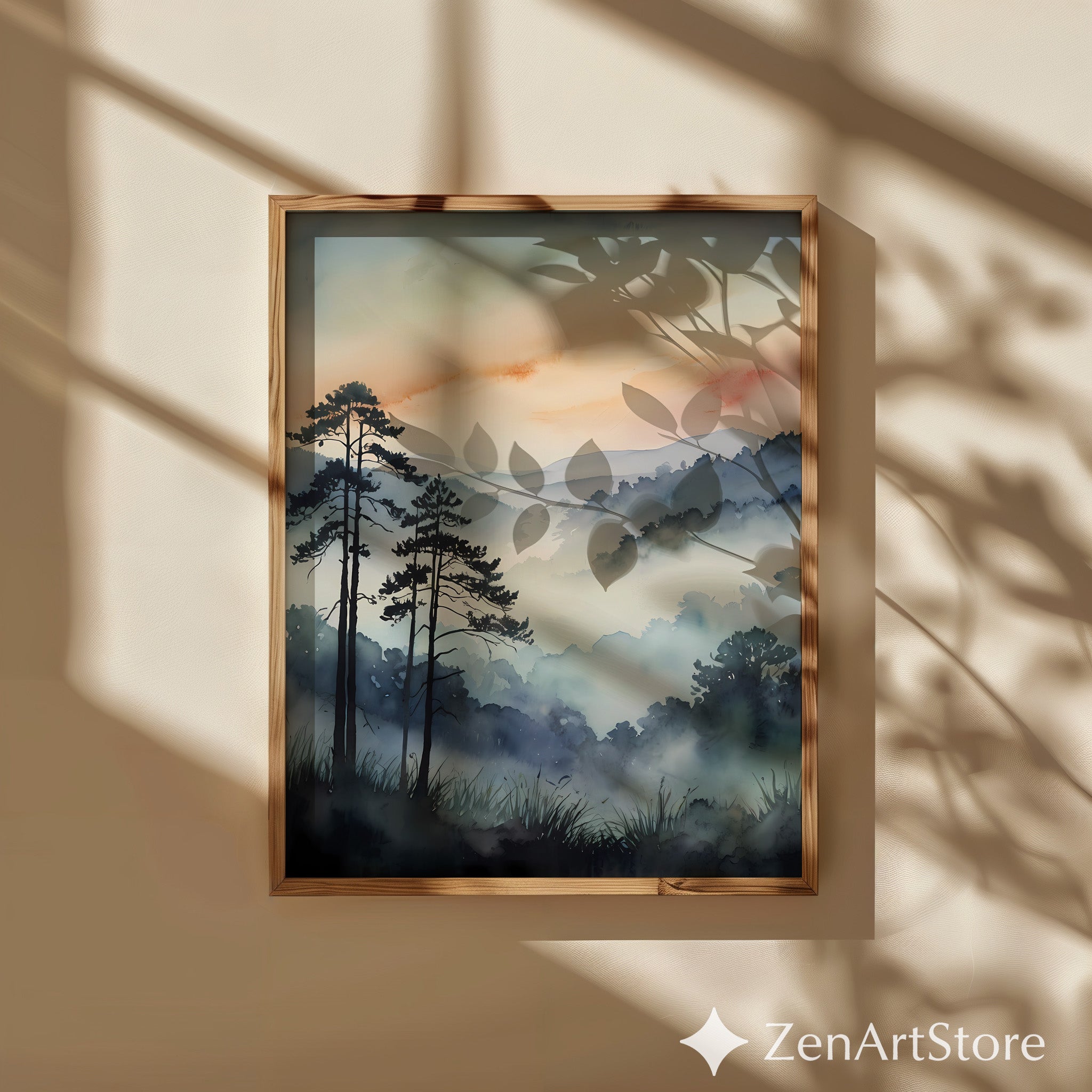 Misty Mountain Sunrise Watercolor Print | Zen Japandi Wall Art, Minimal Tree Silhouette Landscape, Neutral Home Decor Printable