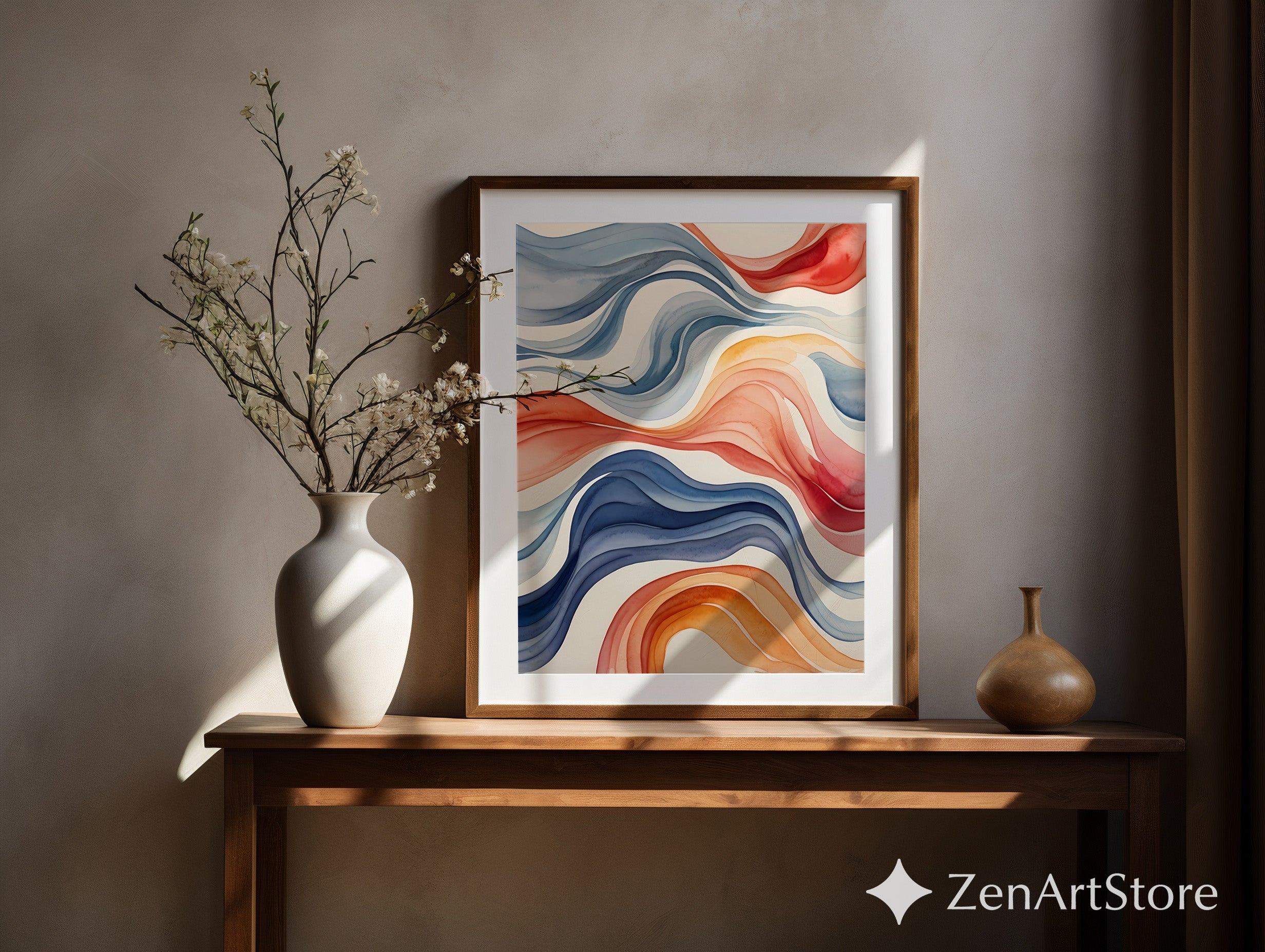 Abstract Wave Watercolor Print - Blue Coral Orange Modern Wall Art for Living Room, Minimal Home Decor